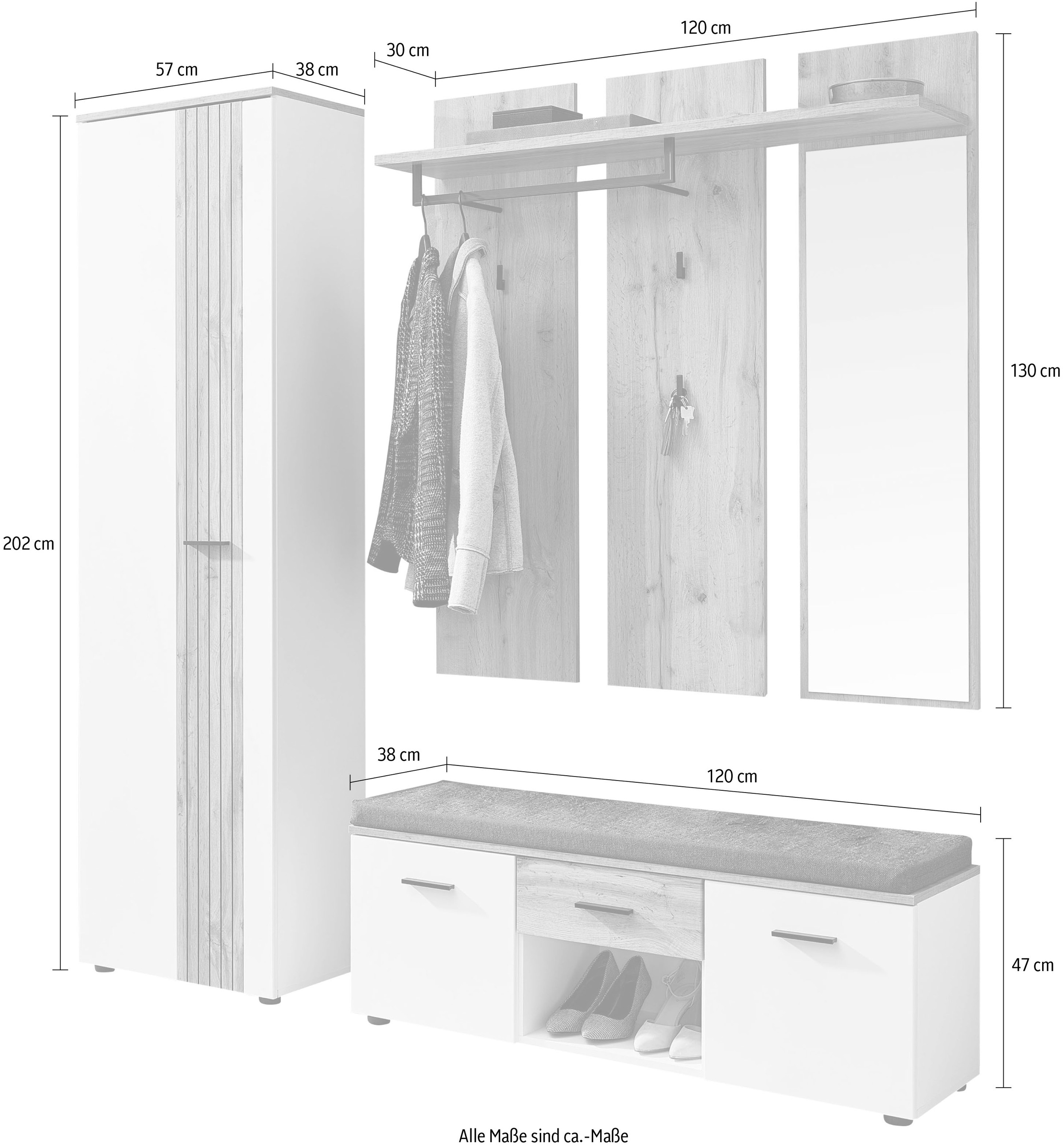 Innostyle Garderoben-Set »Garderobenset Sparks, 192x202x38cm (B/H/T)«, (3 St.)