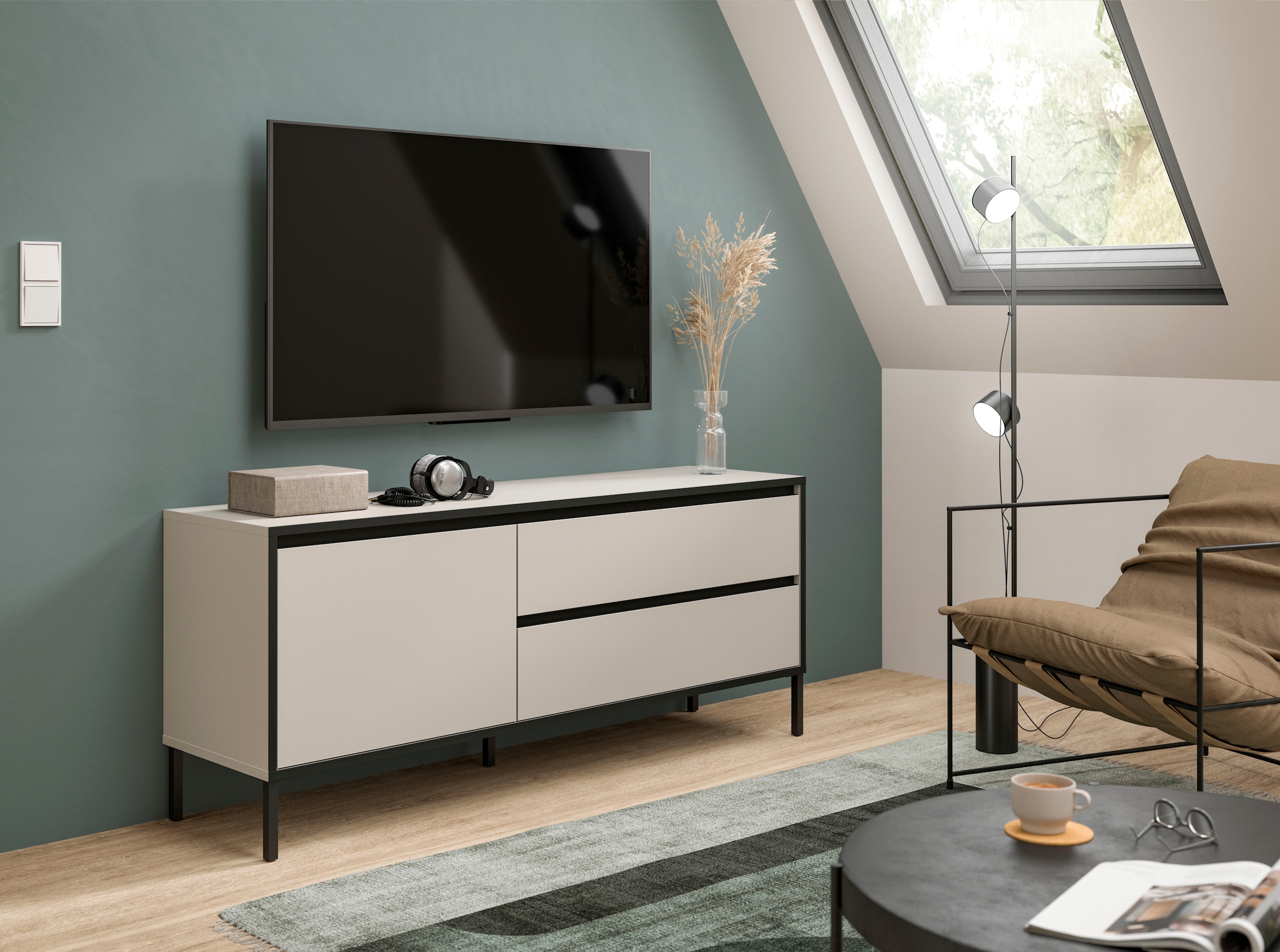 INOSIGN Lowboard »NORT, Breite: 150cm, mit Metall Stabfuß, 1 Klappe, 2 Schubkästen«, TV-Lowboard, Mediaschrank, Mediaboard, TV-Schrank, Schrank, Board