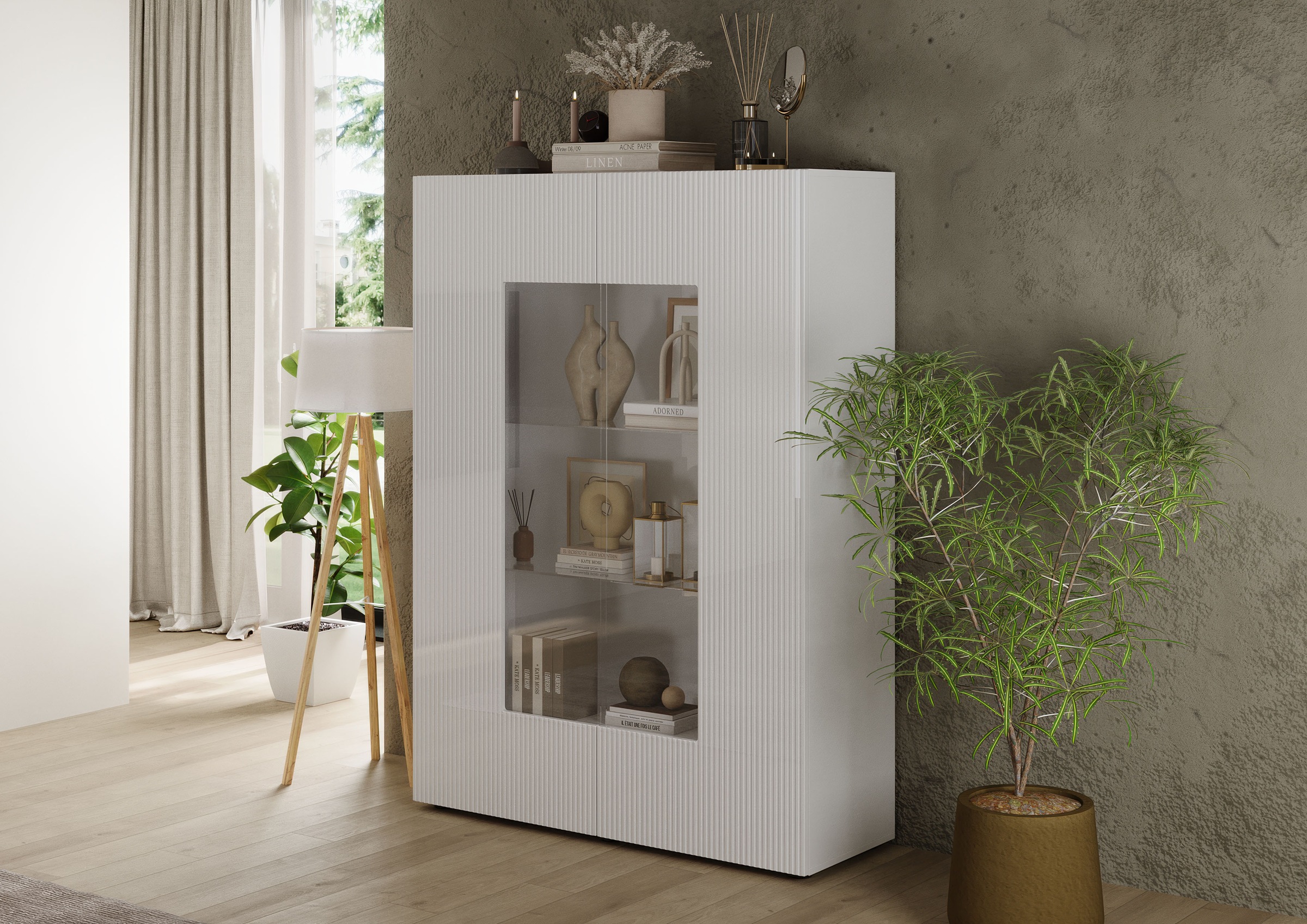 INOSIGN Vitrine »Country Höhe 166 cm, Hochschrank mit 2 Türen, Anrichte, Standvitrine«, geriffelte Front, modern u. elegant, viel Stauraum