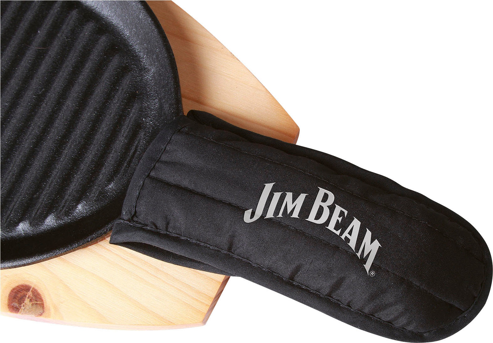 Jim Beam BBQ Grillpfanne, Gusseisen, (Set, 3 tlg.), inkl. Holzuntersetzer und Griffüberzug
