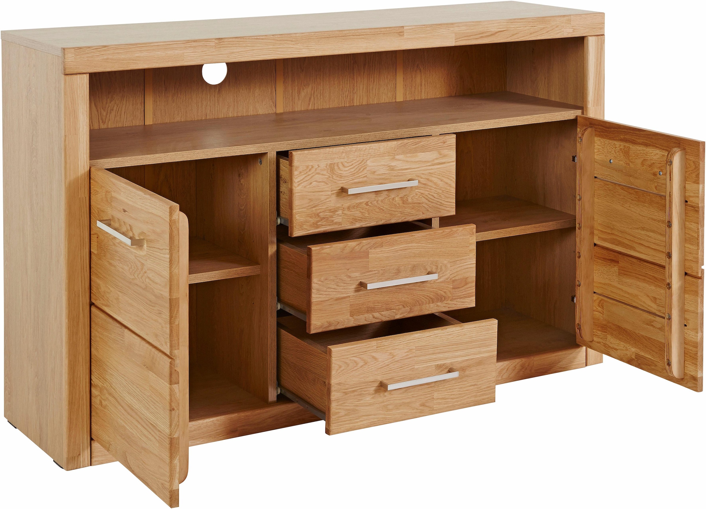 Home affaire Sideboard »Ribe,130cm breit, Fronten Massivholz,5 Fächer«, Holz massiv, Holzwerkstoff, Metall Griffe,2 Türen,3 Schubladen
