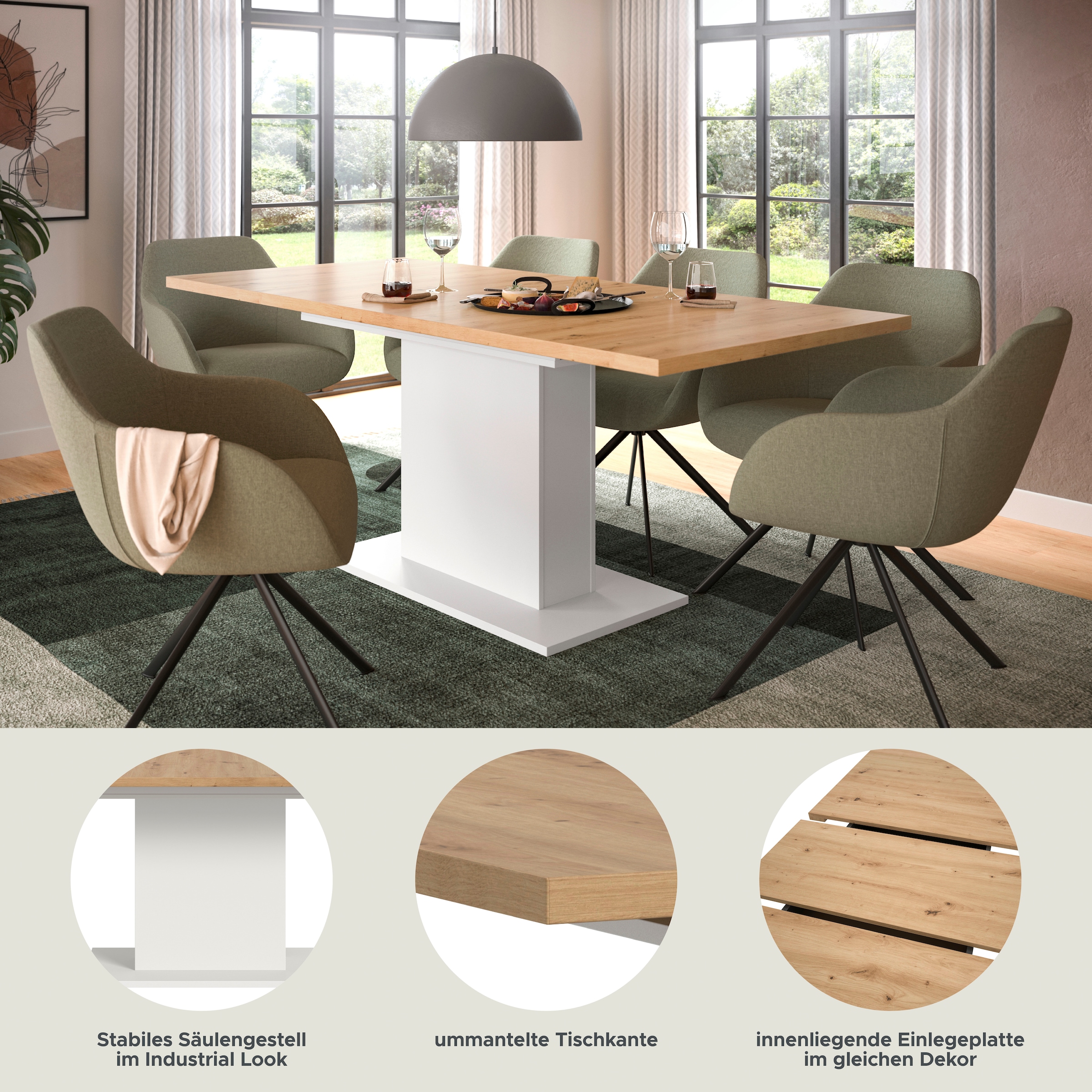 INOSIGN Esstisch »Motus, ausziehbar 150 -190 cm, inklusive 40 cm Einlegeplatte«, (Set, 1 St.), Säulengestell mit Bodenplatte, Tisch, Küchentisch, Esszimmer, Küche