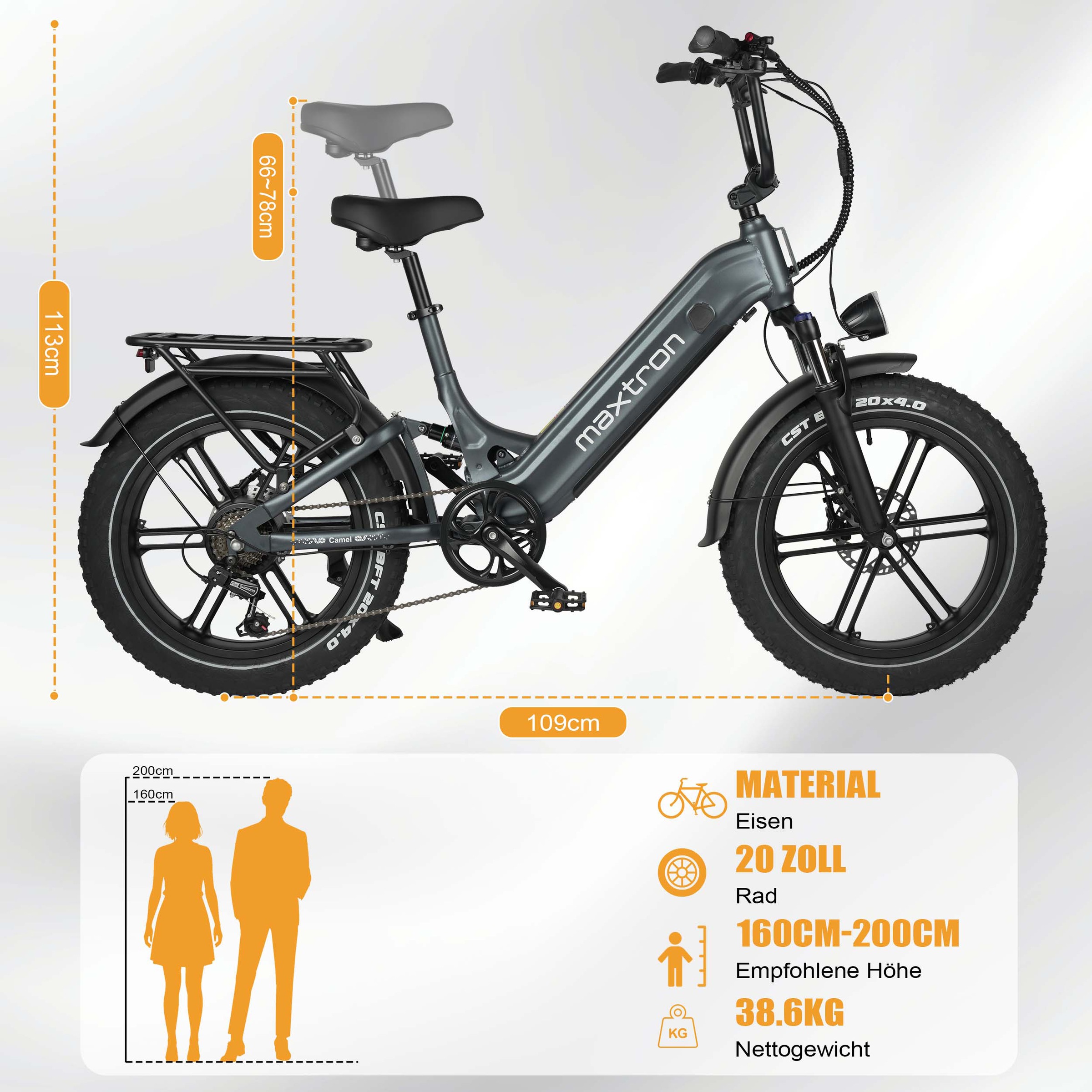Maxtron »Maxtron Camel E-Bike compactbike« 7 Gang Shimano Kettenschaltung Heckmotor 500 W Packung,  20-Zoll-Fettreifenfahrrad mit Vorder- und Hinterradfederung