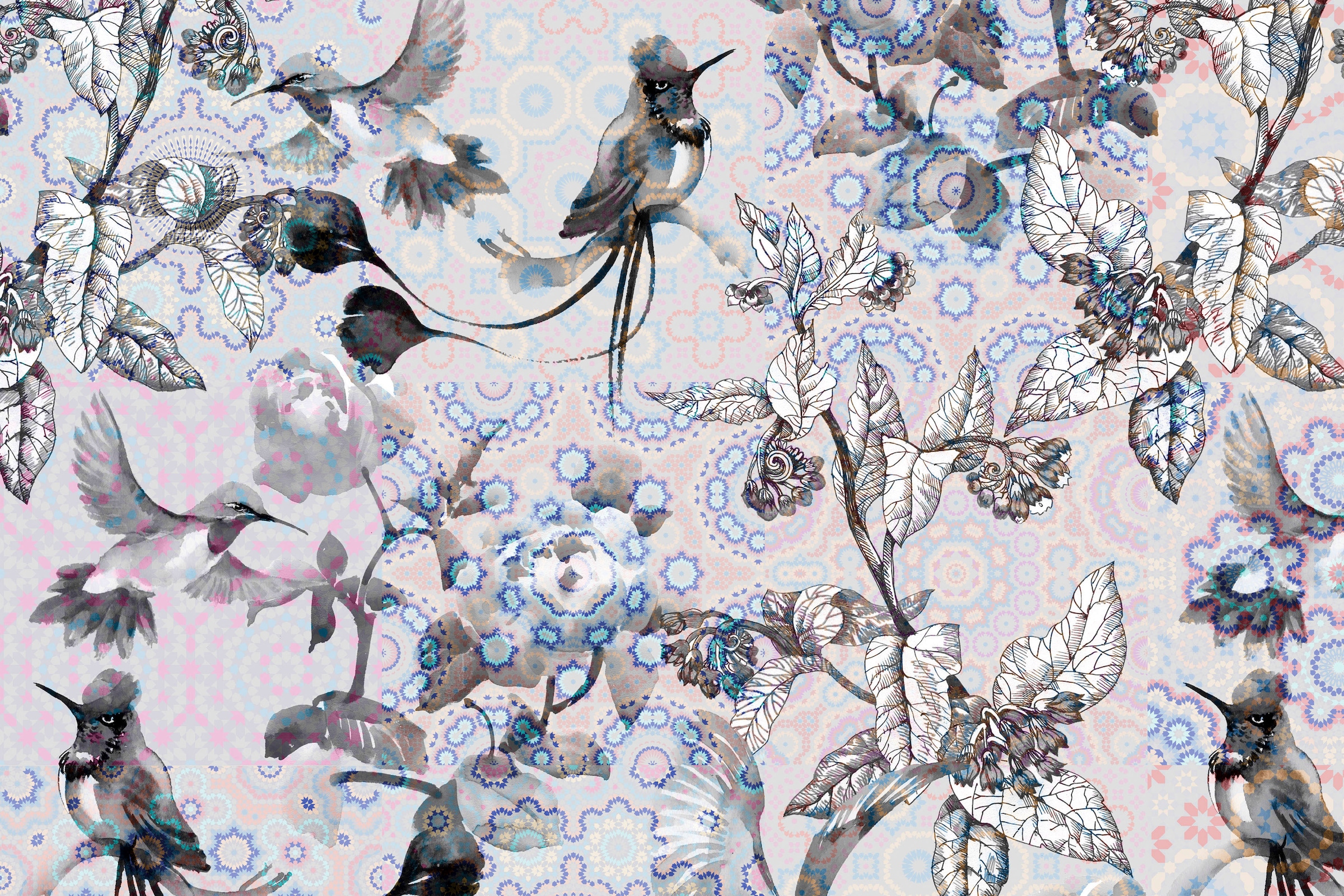 A.S. Création Leinwandbild »exotic mosaic 3«, Kunst-Vögel-Kinder, (1 St.), Mosaik Keilrahmen Floral Blumen Vögel Leinwand-Bild Wohnzimmer modern