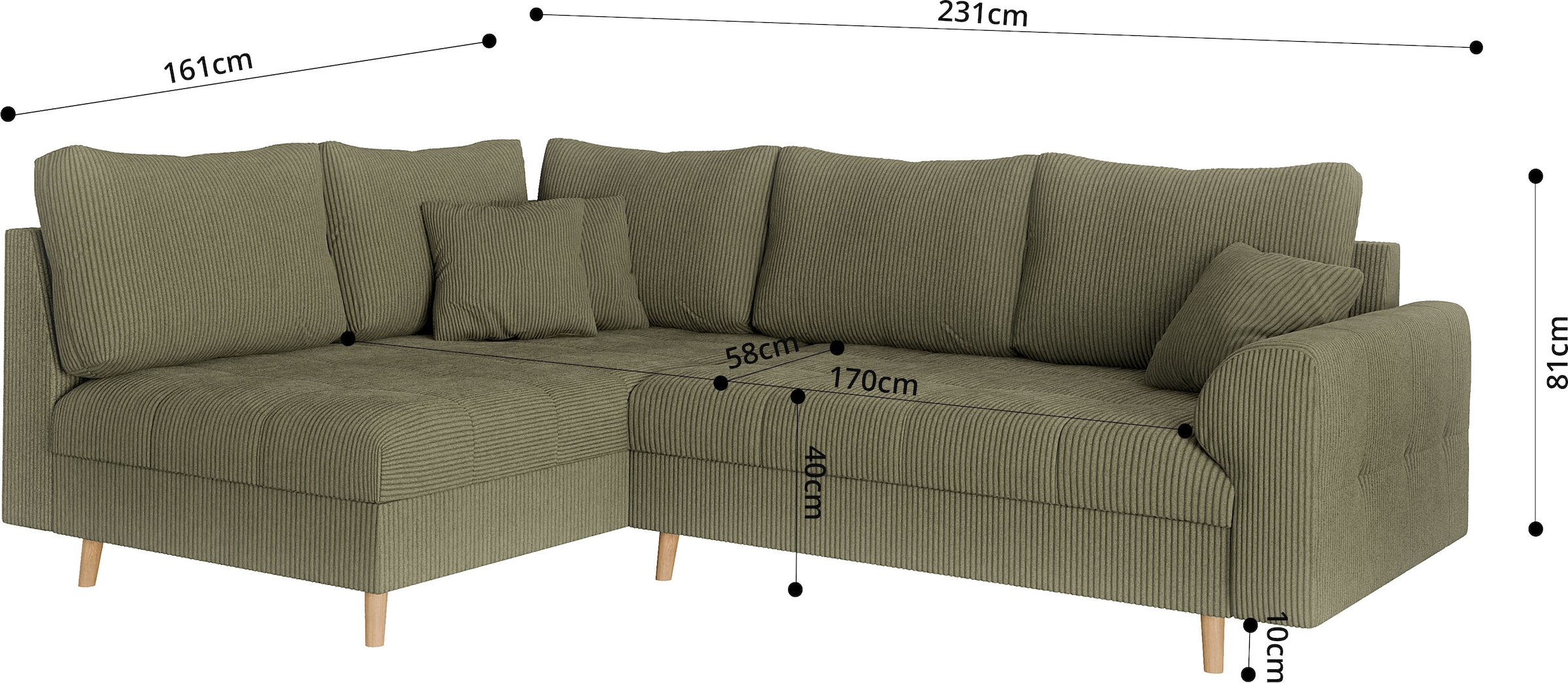 Home affaire Ecksofa »CHARRE L-Form mit Ottomane, Maße B/T/H: 231/161/81 cm«, feine Steppung, lose Rücken- und Zierkissen, auch in Cord und Bouclé