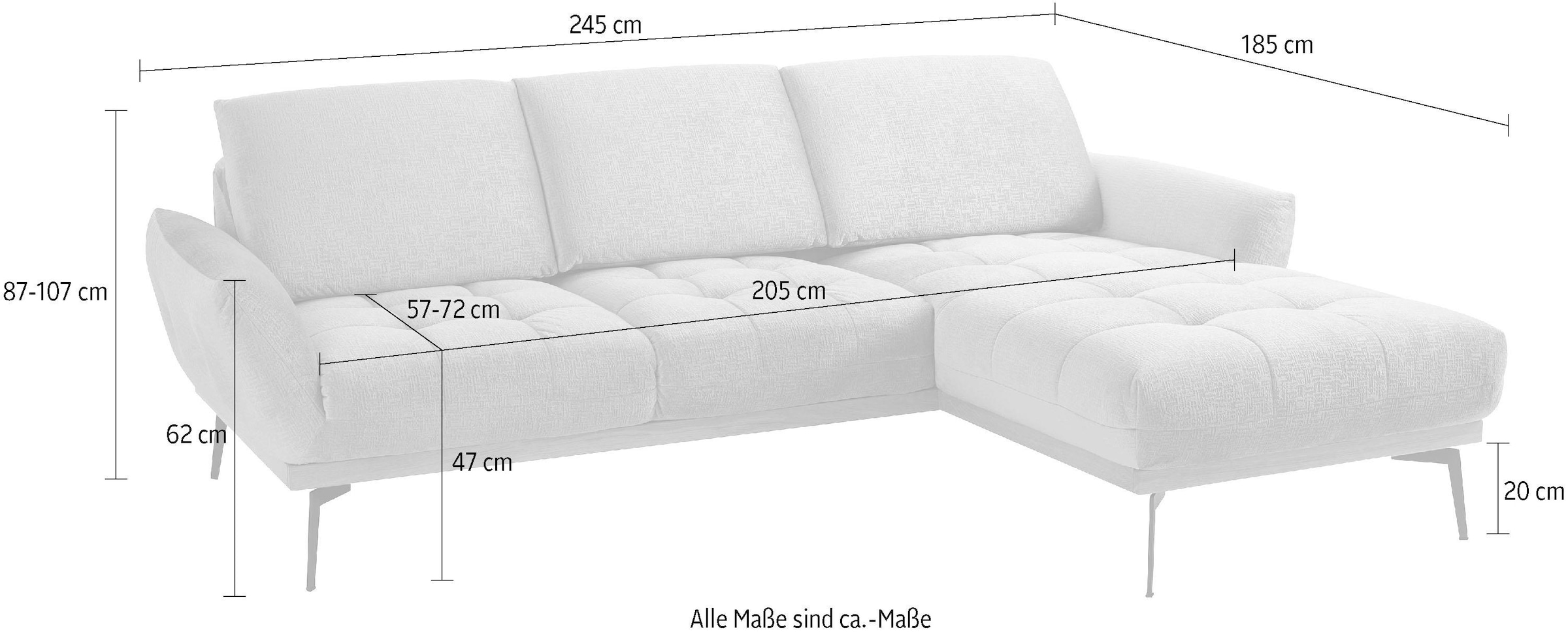 exxpo - sofa fashion Ecksofa »Palic, inkl. Rückenverstellung, bequem, elegant, Breite 245cm, L-Form« vom Sofa zum Hochlehner. Hohe Füße und Holzblende als Designmerkmal