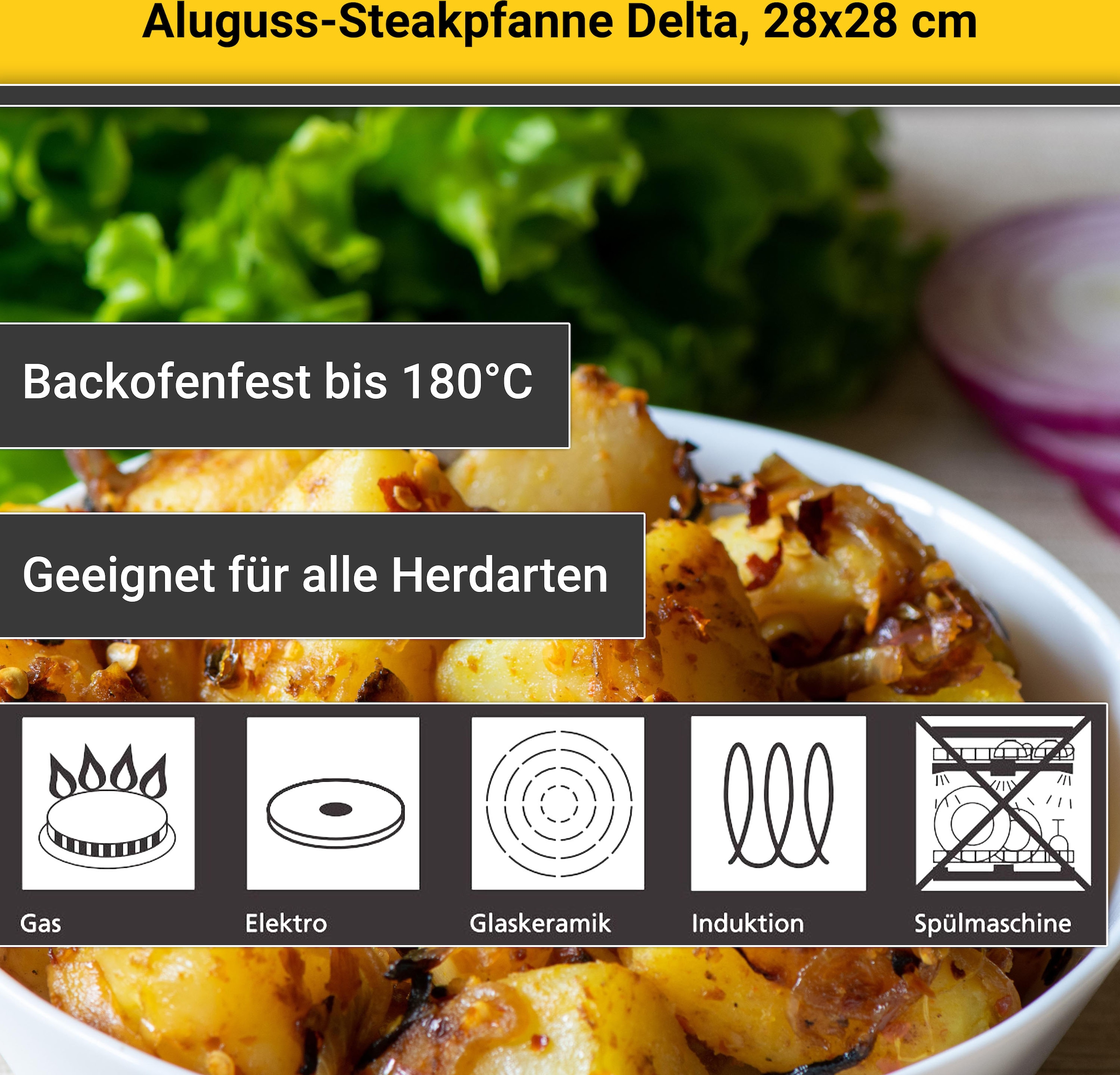 Krüger Steakpfanne »Aluguss Grill-Steakpfanne DELTA, 28 x 28 cm«, Aluminiumguss, (1 tlg.), für Induktions-Kochfelder geeignet