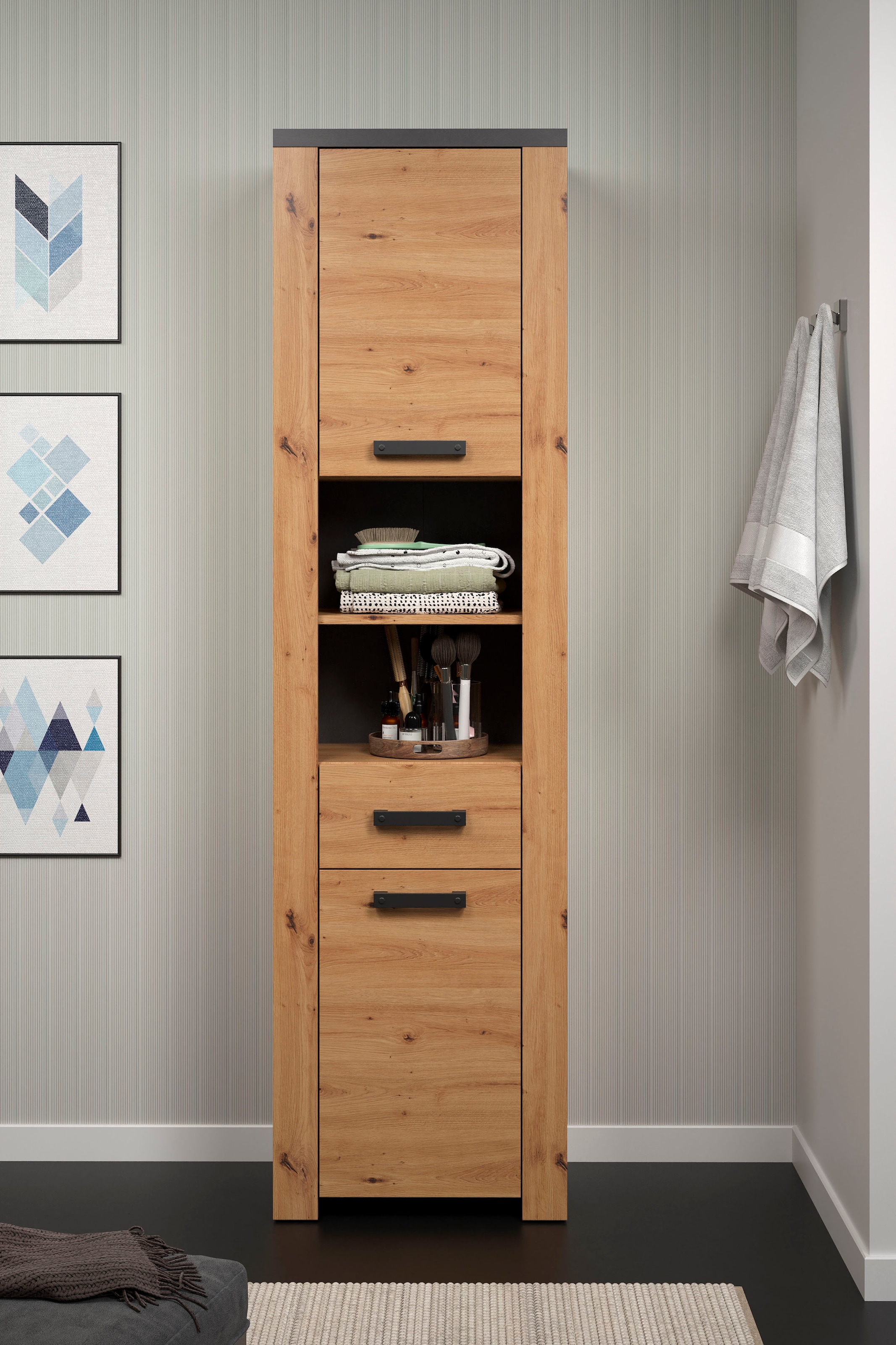 Home affaire Hochschrank »Ambres«, (1 St.), Badschrank in matter Echtholzoptik - Maße (B/T/H) 53/35/196 cm