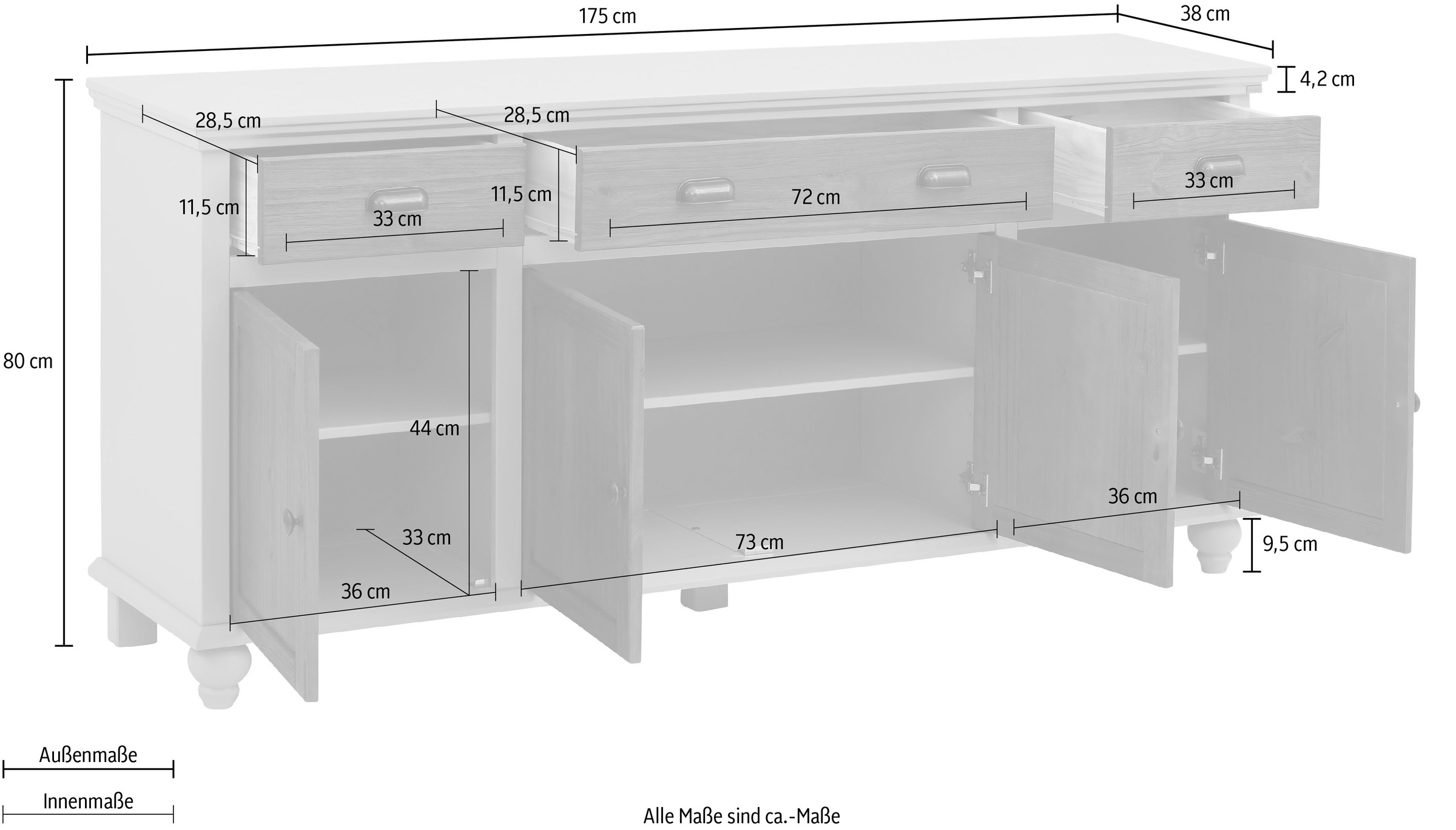 Home affaire Sideboard »Borey«, Höhe 80 cm, Breite 175 cm