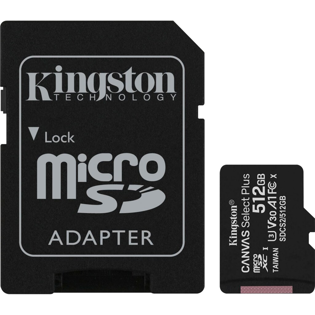 Kingston Speicherkarte »Canvas Select Plus microSD 512GB + ADP«, (UHS-I Class 10 100 MB/s Lesegeschwindigkeit)