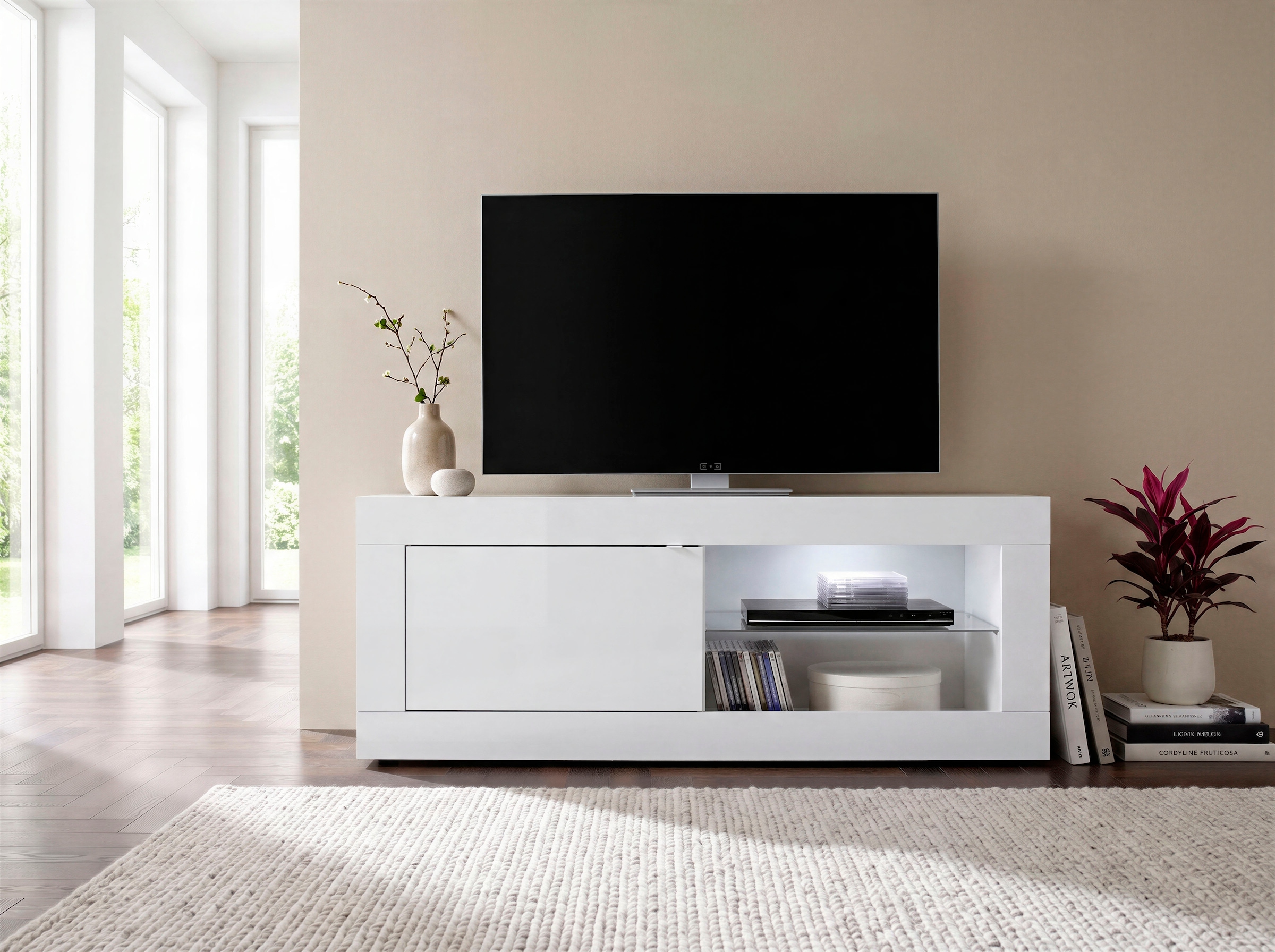 Home affaire Lowboard »Basic Breite 140 cm, TV-Board 1 Tür, 2 offene Fächer (Glasboden),« TV-Kommode, Metallgriff, moderne Rahmenoptik, Farbauswahl