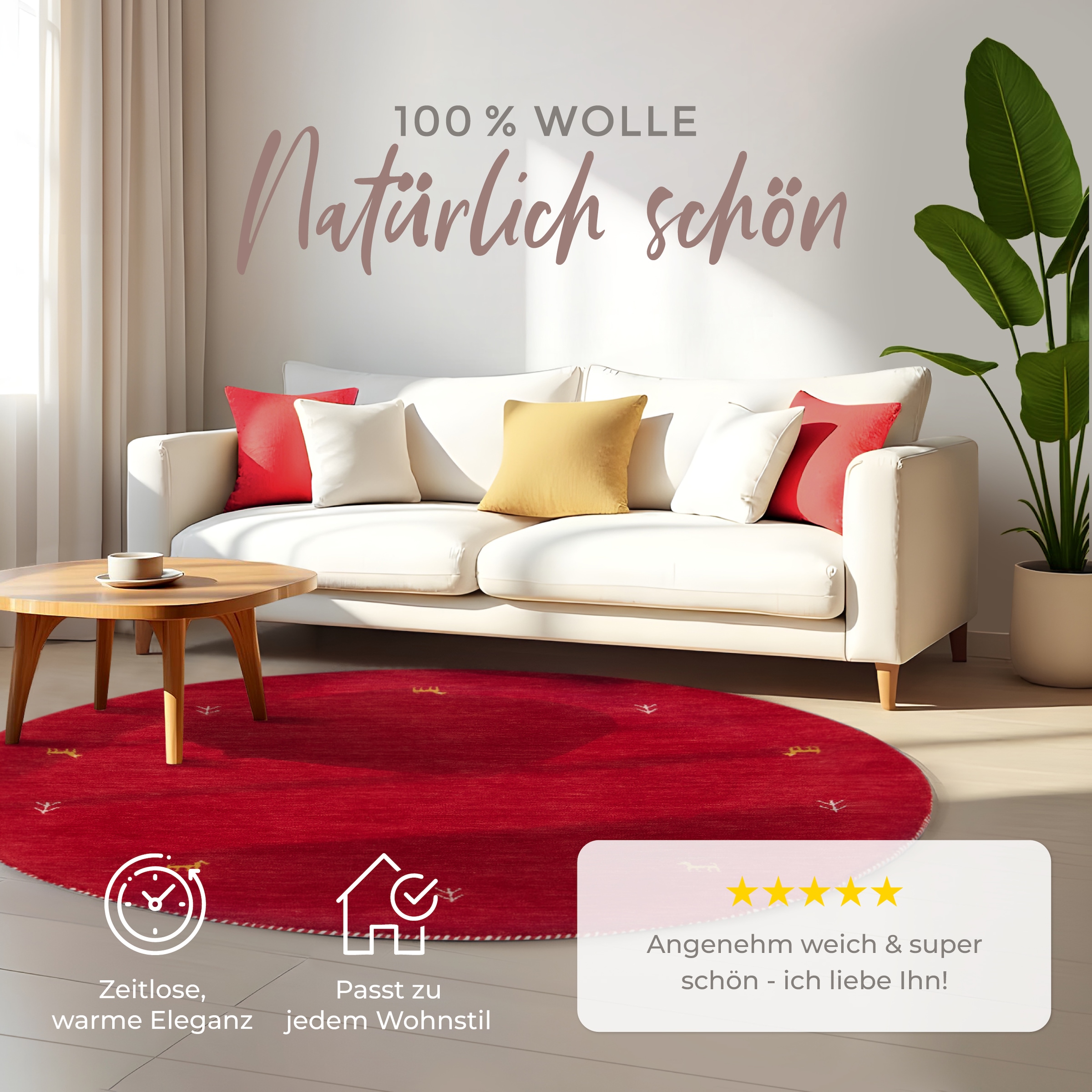 carpetfine Wollteppich »Gabbeh Uni« rund 15 mm Höhe reine Wolle handgewebt, Gabbeh Tiermotiv warmes Raumklima viele Größen