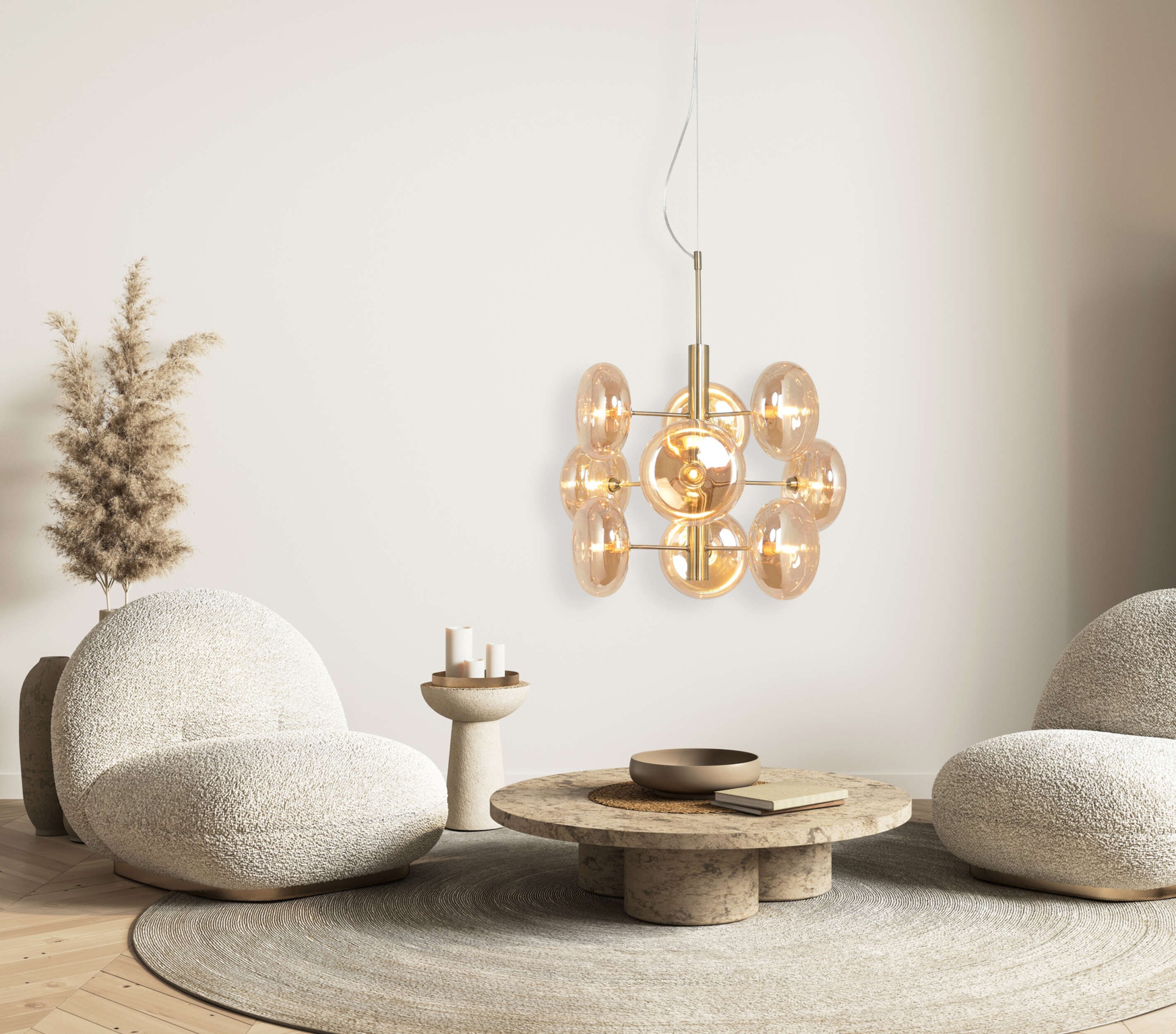 näve Pendelleuchte »Orion«, 9 flammig, Leuchtmittel G9 | ohne Leuchtmittel, messing-matt, 9 flachen Rundgläser in amber, exkl. G9, Höhe 55cm