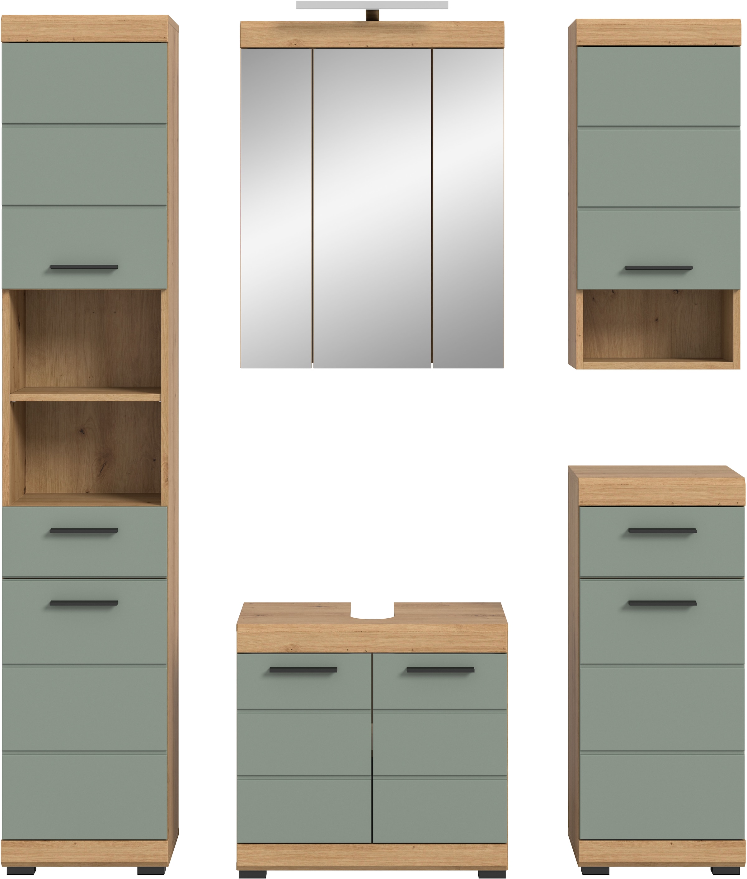 INOSIGN Badmöbel-Set »Siena, 5 teilig, inklusive LED Beleuchtung, bestehend aus:«, (Set), Hochschrank, WBU, Spiegelschrank, Unterschrank, Hängeschrank