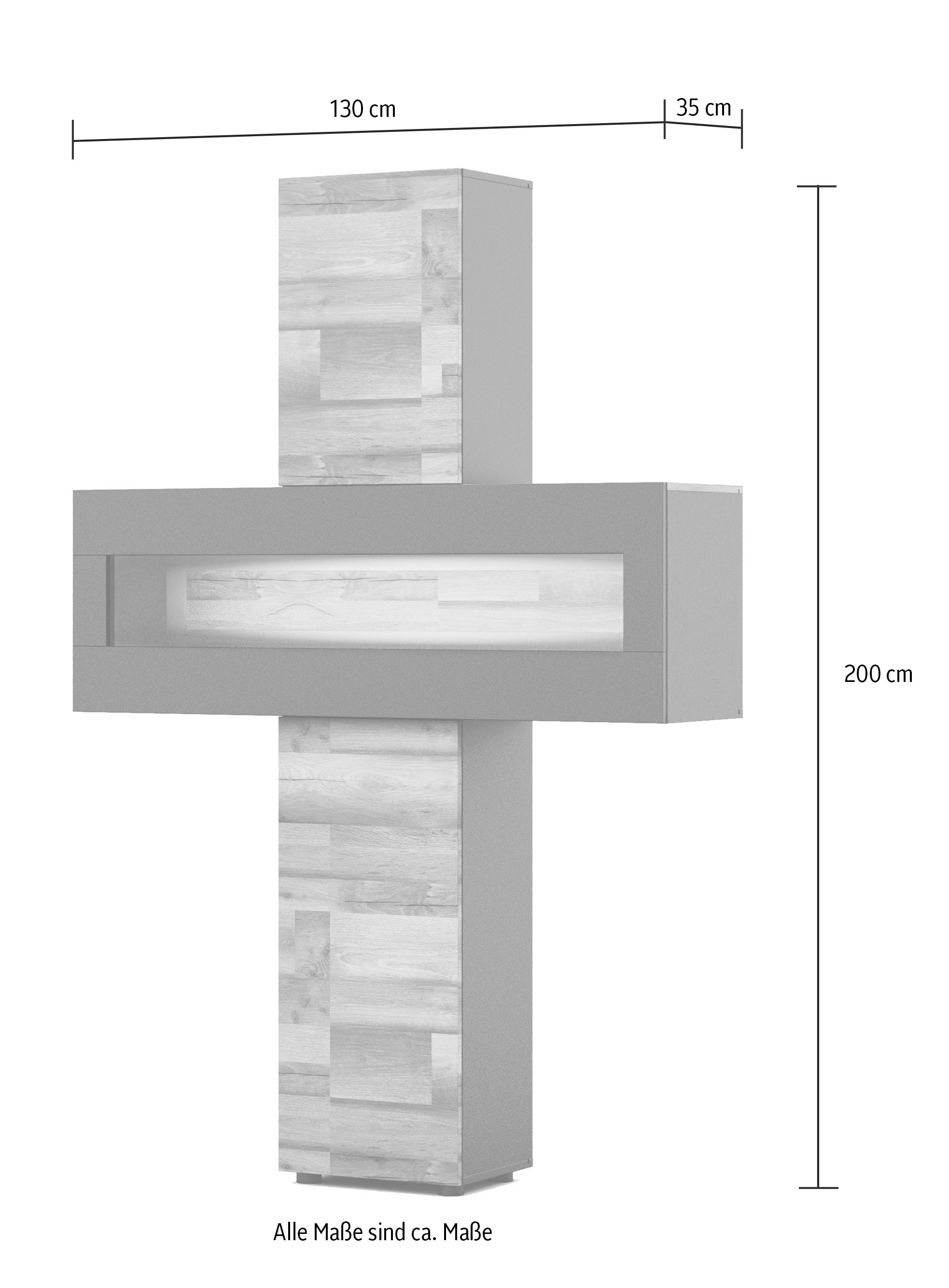 COTTA Wohnwand »Luciano«, (Komplett-Set, 1x extravaganten Vitrine, 1x TV-Lowboard, 1x Wandregal), Grifflose Fronten, Vitrine mit Glaselement