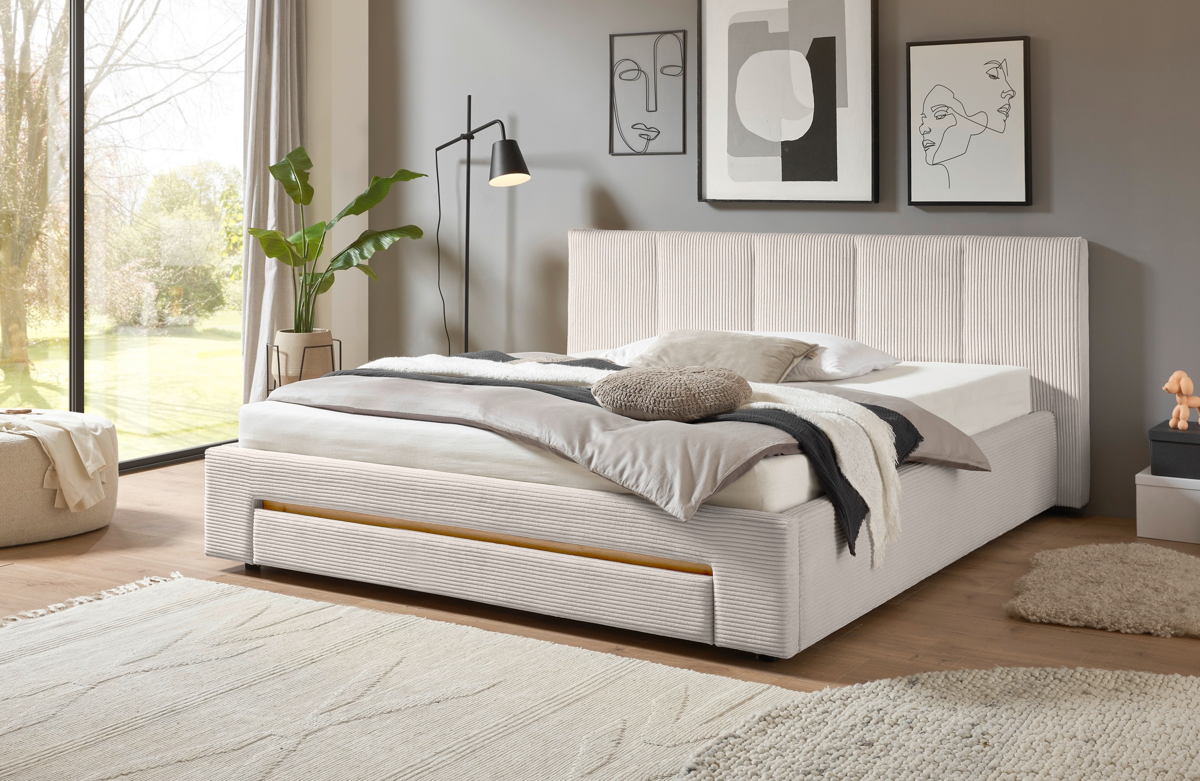 INOSIGN Polsterbett »CiTY/GiRON, Bettgestell mit Bettkasten, gepolstertes Stauraumbett«, mit Hundebett oder Stauraumschublade, Bezug Cord-oder Leinenoptik