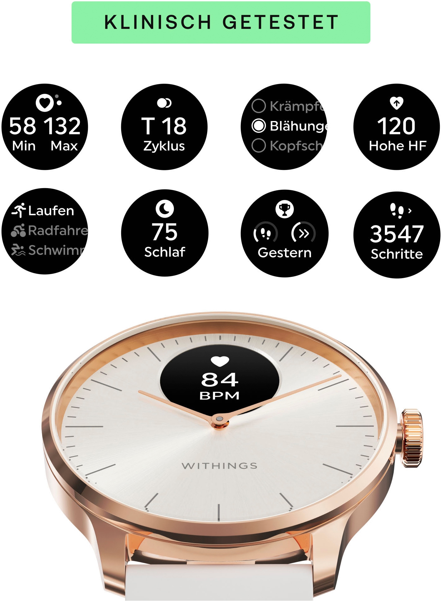 Withings Smartwatch »ScanWatch Light 37mm RoseGold, Akku bis 30 Tage, 50 M Wasserdicht«, (/ 0,63 Zoll), Leicht, elegant, langlebig, hybride, für tägliches Gesundheitstracking