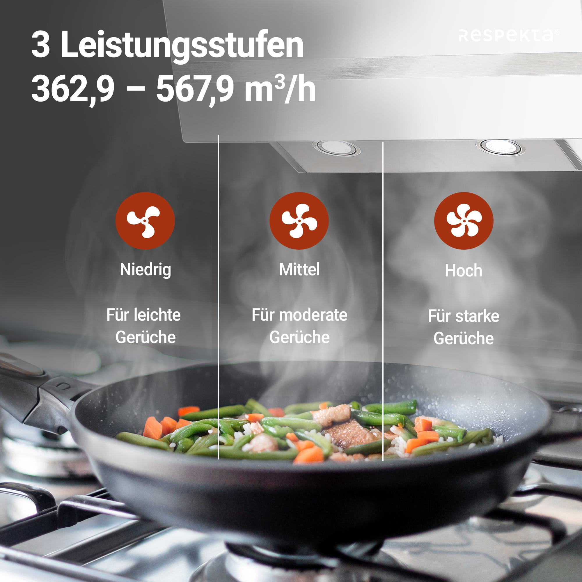 RESPEKTA Kopffreihaube »CH 24060 WAM«, 60 cm, 3 Leistungsstufen, LED-Beleuchtung, Ab- und Umluftfähig