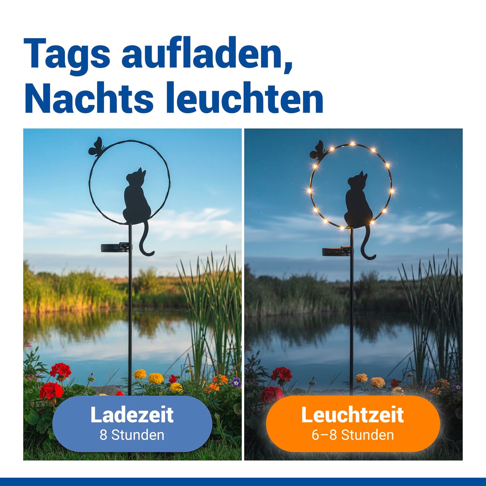 Maximex LED Gartenleuchte »Modell Katze und Schmetterling« Warmweiß solarbetriebener Gartenstecker, leuchtet bis zu 8 Stunden