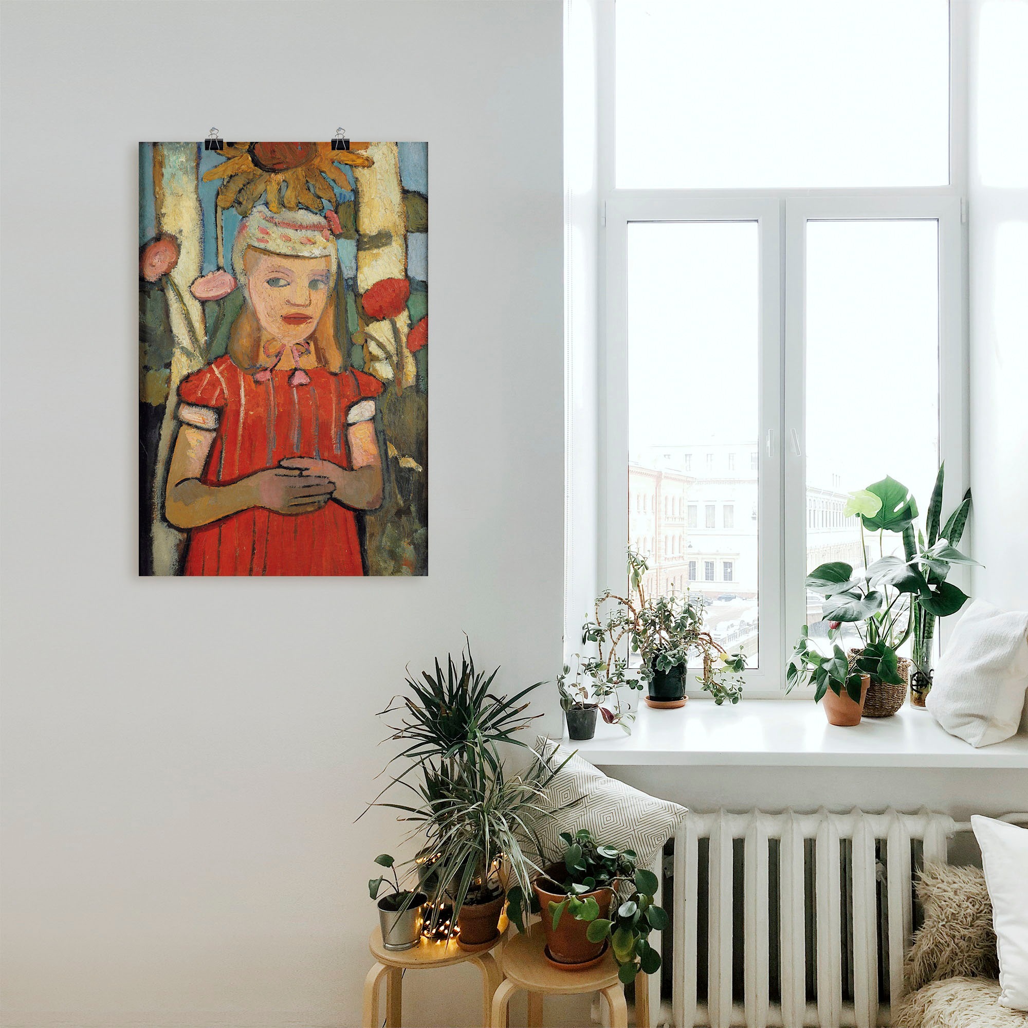 Artland Kunstdruck »Mädchen in rotem Kleid vor Sonnenblume.«, Bilder von Kindern, (1 St.), als Alubild, Leinwandbild, Wandaufkleber oder Poster in versch. Größen