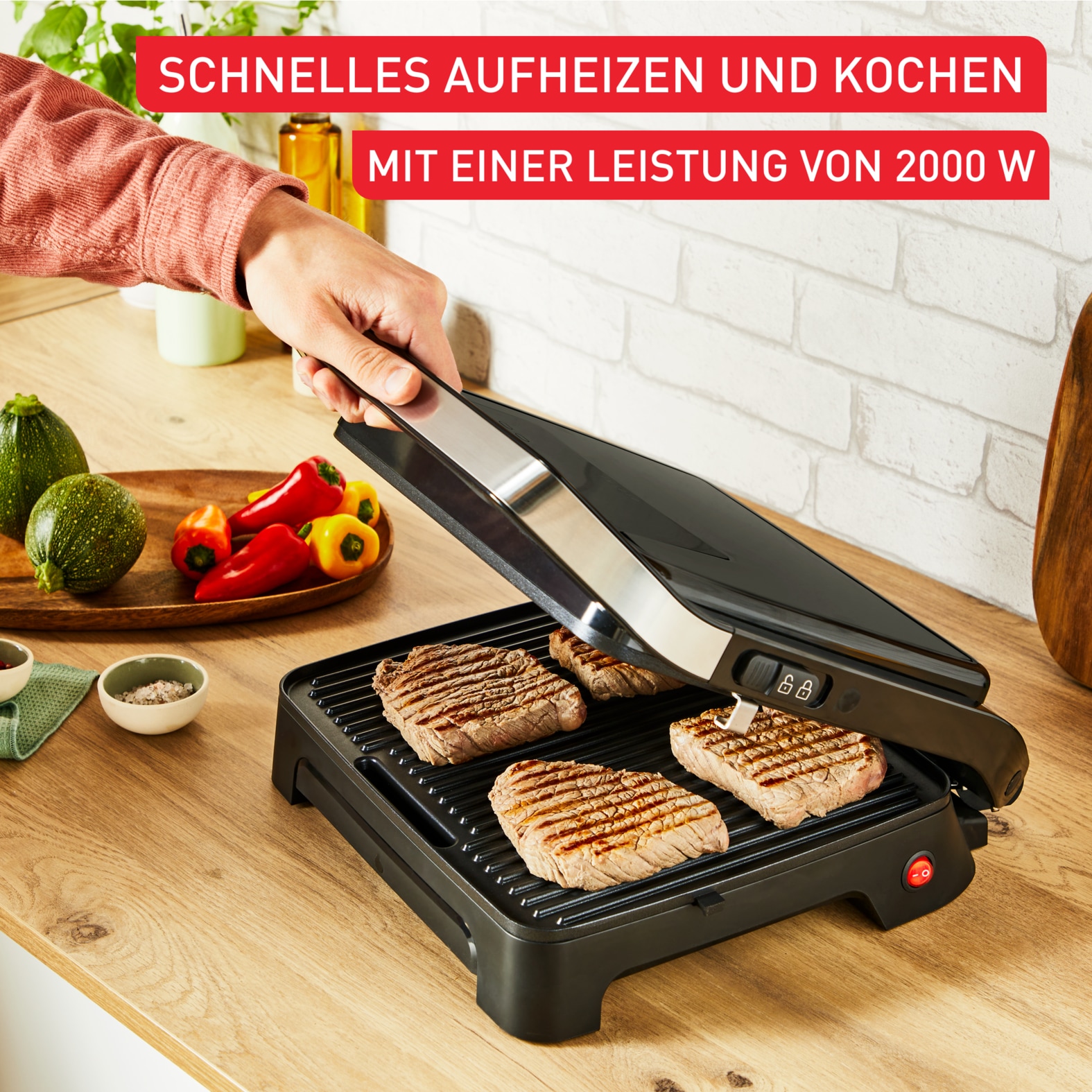 Tefal Kontaktgrill »Inicio Classic, 2-in-1 Panini/Grill, antihaftbeschichtete Platten«, 2000 W, Platzsparende Aufbewahrung, spülmaschinenfeste Saftschale, GC2718