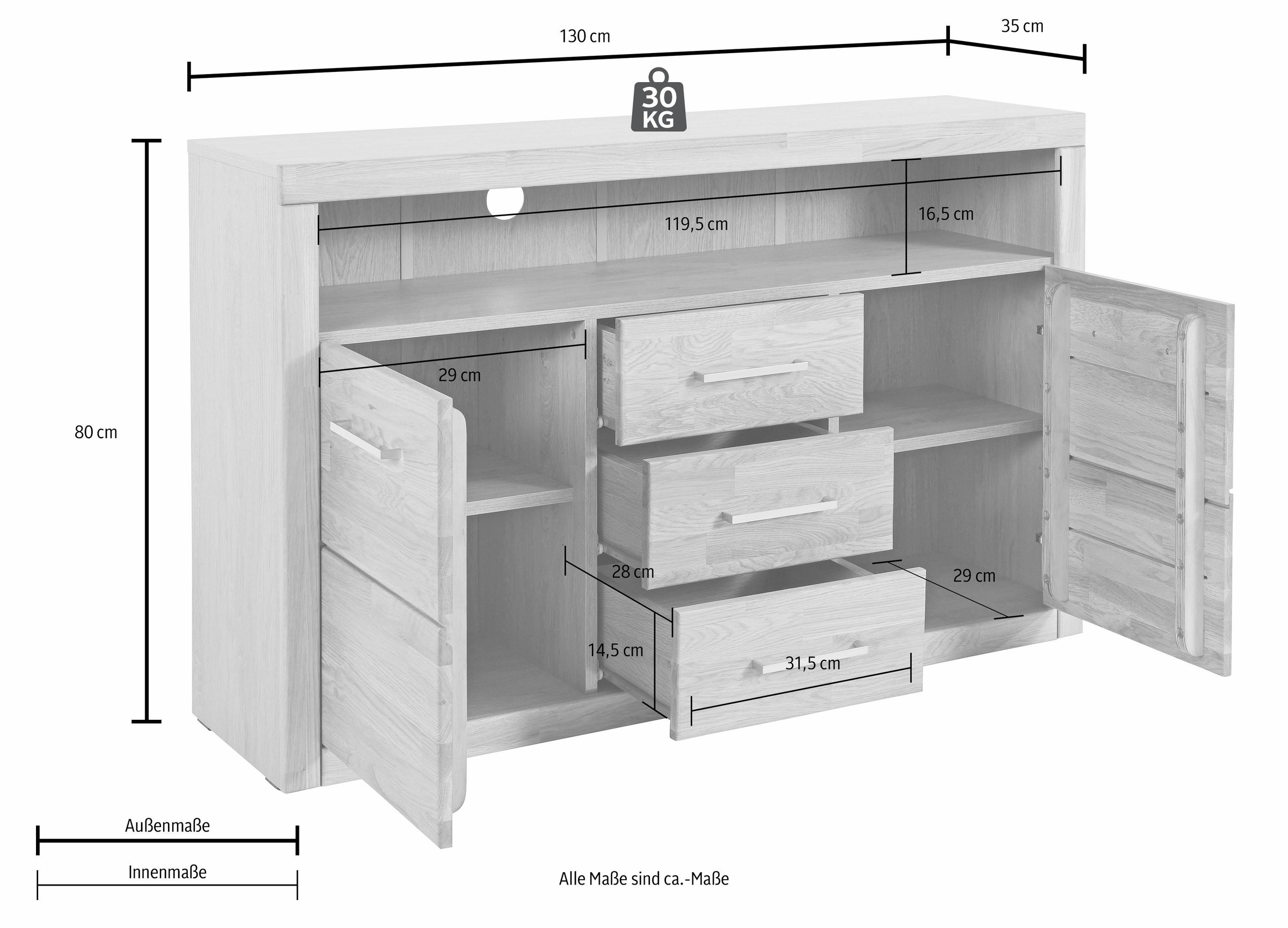 Home affaire Sideboard »Ribe,130cm breit,80cm hoch,Oberplatte Holz massiv,6 Fächer«, Oberplatte Kernbuche massiv,schwarze Metall Griffe