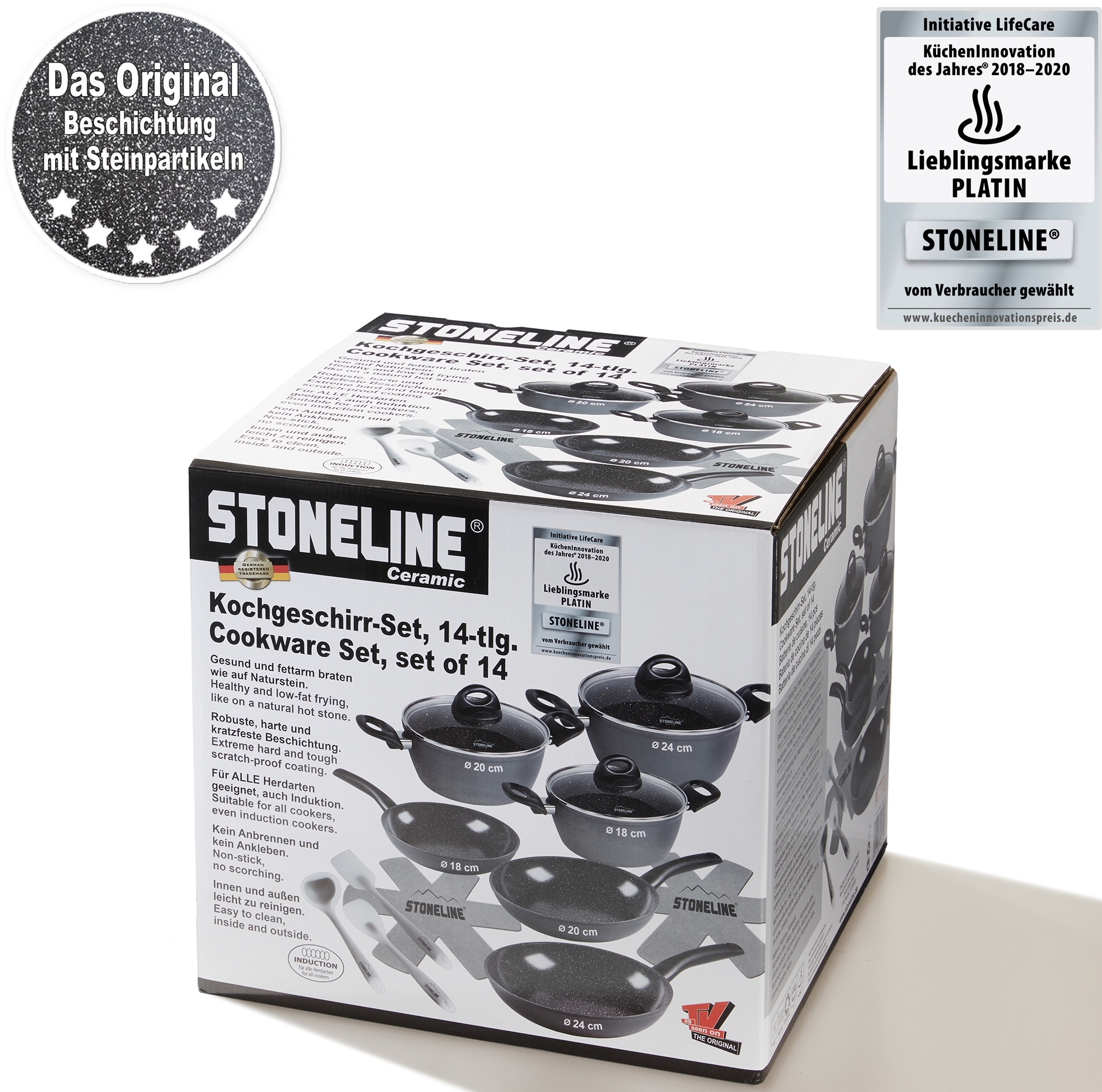 STONELINE Topf-Set, Aluminium, (Set, 14 tlg., Bratentopf 22 cm, je 1 Kochtopf 18/20 cm, je 1 Bratpfanne 16/20/24 cm), Keramik-Antihaftbeschichtung, Induktion