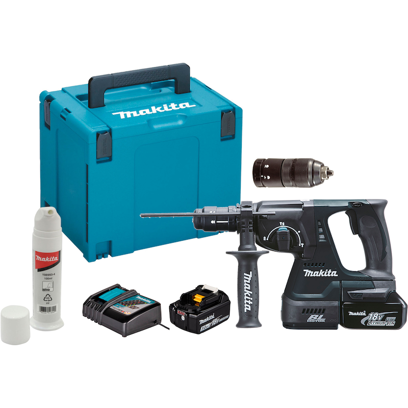 MAKITA Akku-Kombibohrhammer »DHR243RTJB« SDS-PLUS, mit 2 Akkus 18V/5Ah, Ladegerät, Koffer und Zubehör blau Tiefentladeschutz. Das Gerät schaltet...