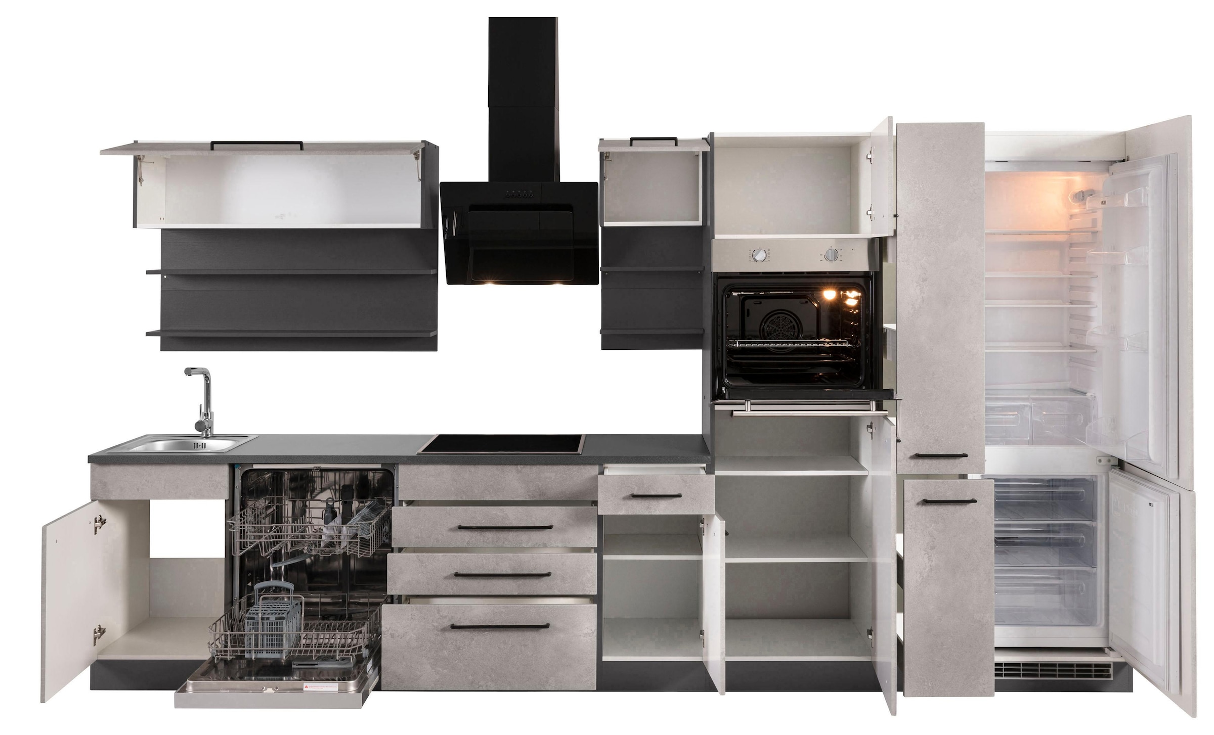 KOCHSTATION Küchenzeile »KS-Tulsa«, mit E-Geräten, Breite 360 cm, schwarze Metallgriffe, MDF Fronten