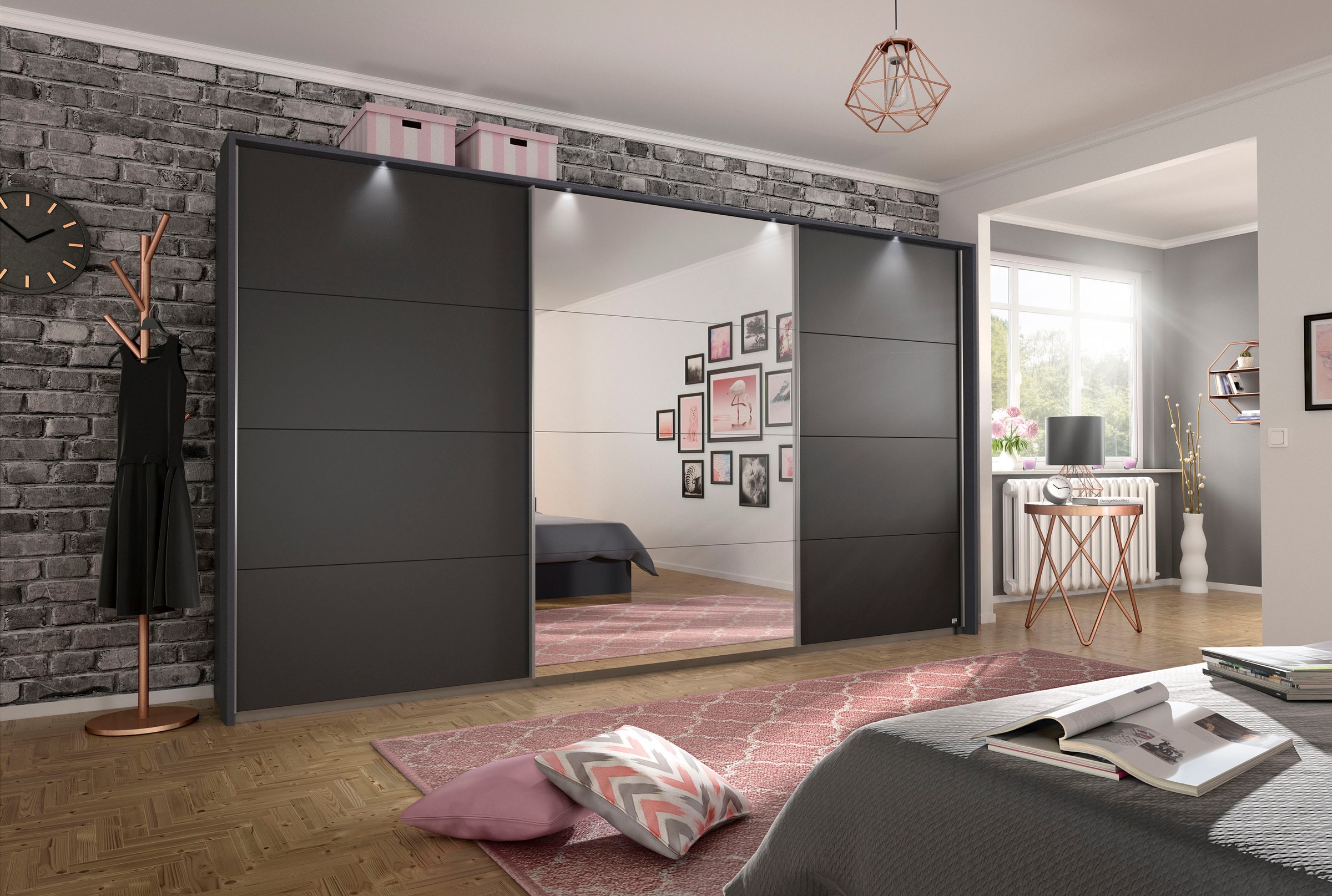 rauch Schwebetürenschrank »Kleiderschrank Schrank Garderobe CORTONA mit Passepartout«, und optionaler Beleuchtung inkl. Inneneinteilung 2 Boxen und Böden