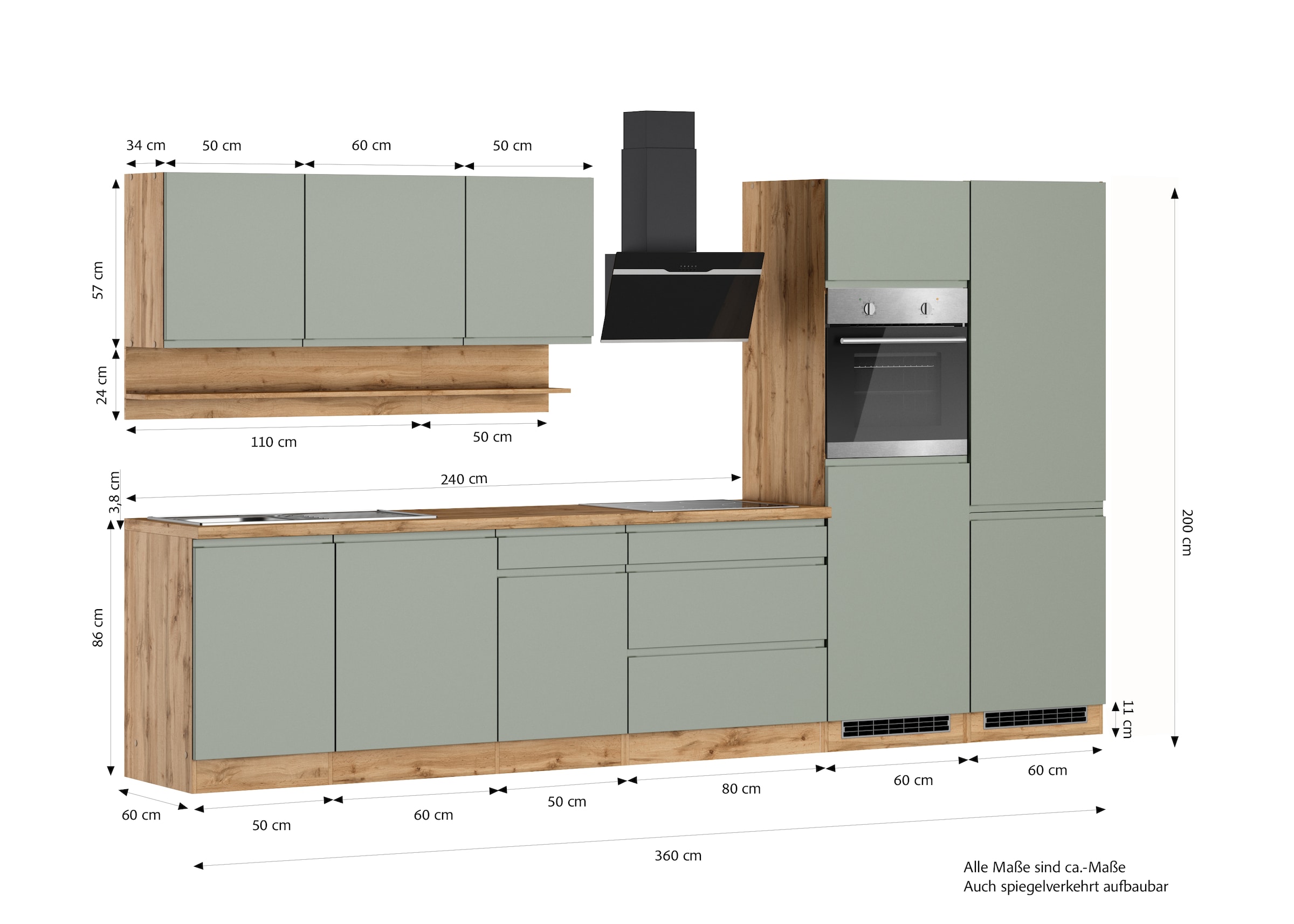KOCHSTATION Küchenzeile »KS-Virginia,neu in verbesserter Ausführung« Arbeitsplatte 38 mm stark, Stauraum, Softclose,  Breite 360 cm, Softclose, wahlweise mit E-Geräten und Induktion