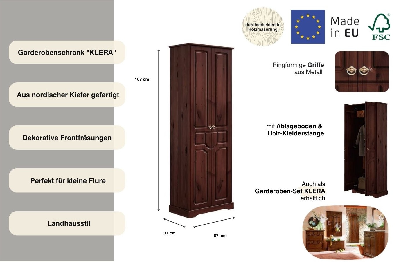 Home affaire Garderobenschrank »Klera«, Breite 67 cm, aus massiver Kiefer, FSC®-zertifiziert
