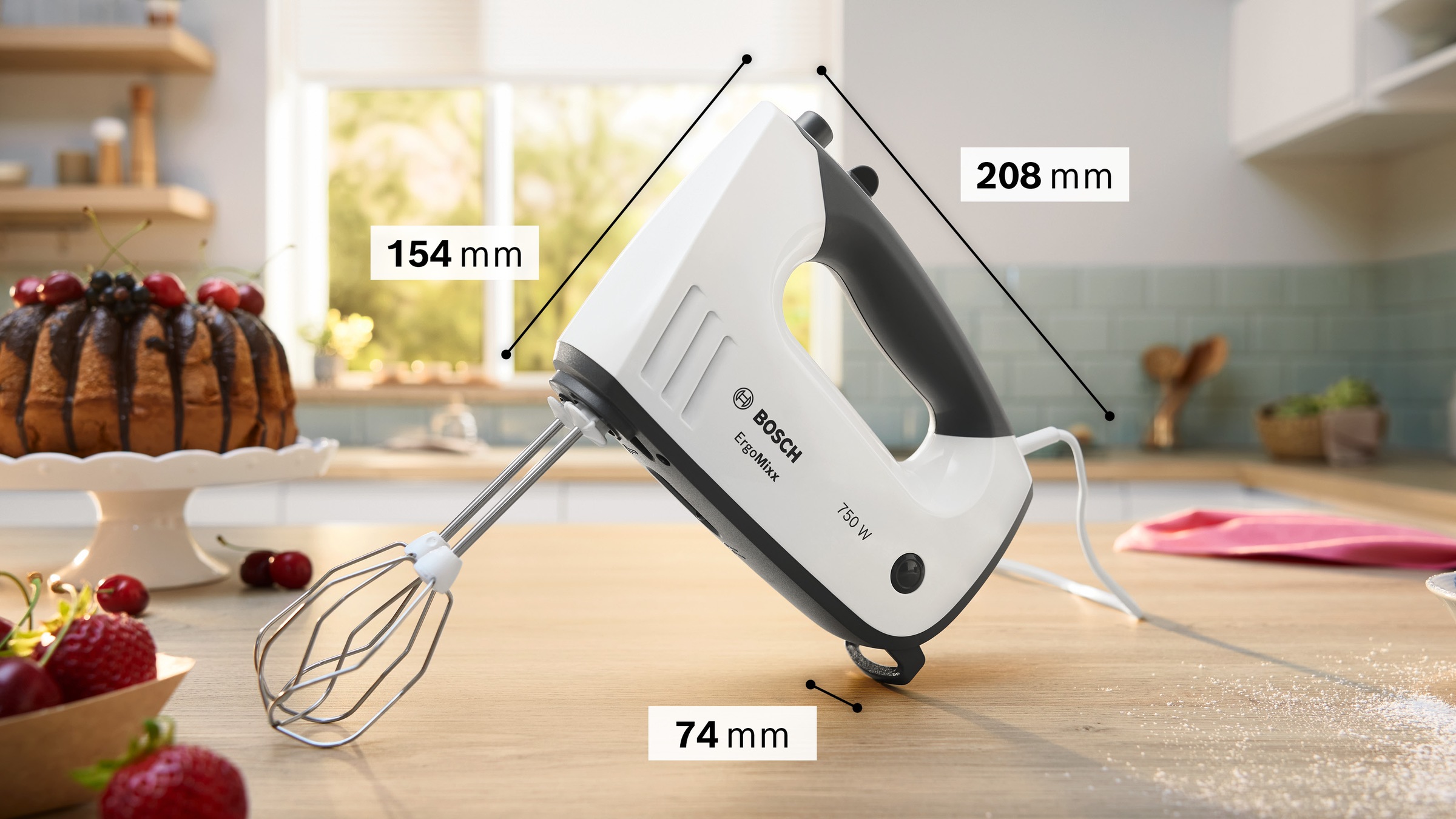 BOSCH Handmixer »ErgoMixx MFQ37470, Edelst. Rührbesen/Knethaken, 5 Stufen, weiß«, 750 W, Turbostufe, Mixfuß, leichtes Gehäuse, Made in Europe