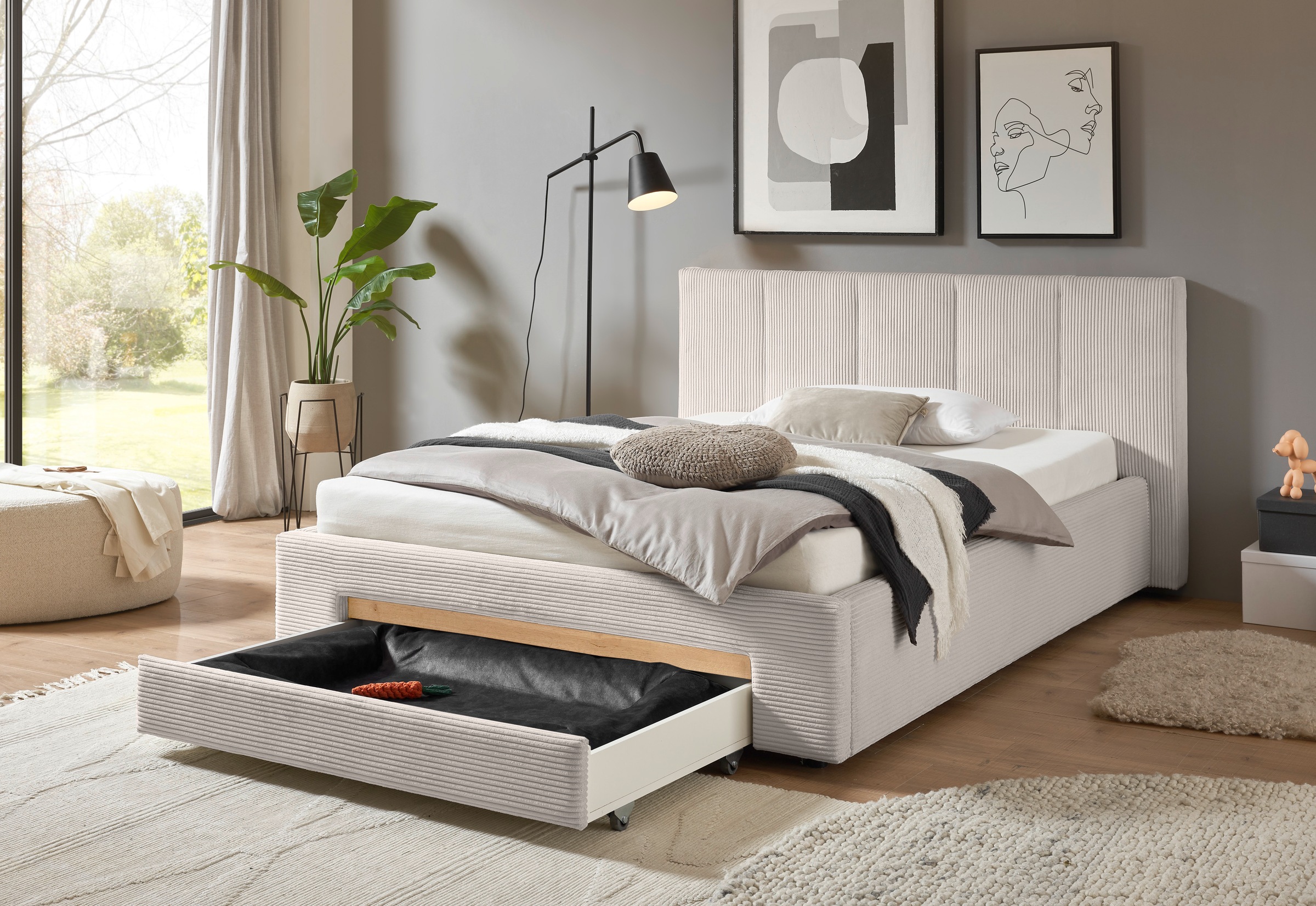 INOSIGN Polsterbett »CiTY/GiRON, Bettgestell mit Bettkasten, gepolstertes Stauraumbett«, mit Hundebett oder Stauraumschublade, Bezug Cord-oder Leinenoptik