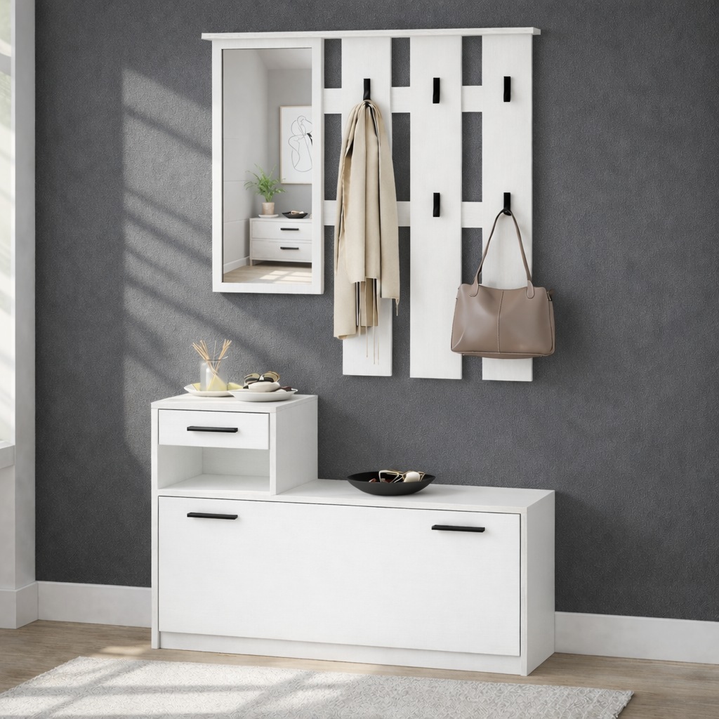 OTTO home Garderoben-Set »Luna Kommode mit 1 Klappe + 1 Schubkasten, Paneel mit Spiegel 6 Haken« 2 Stk. tlg.