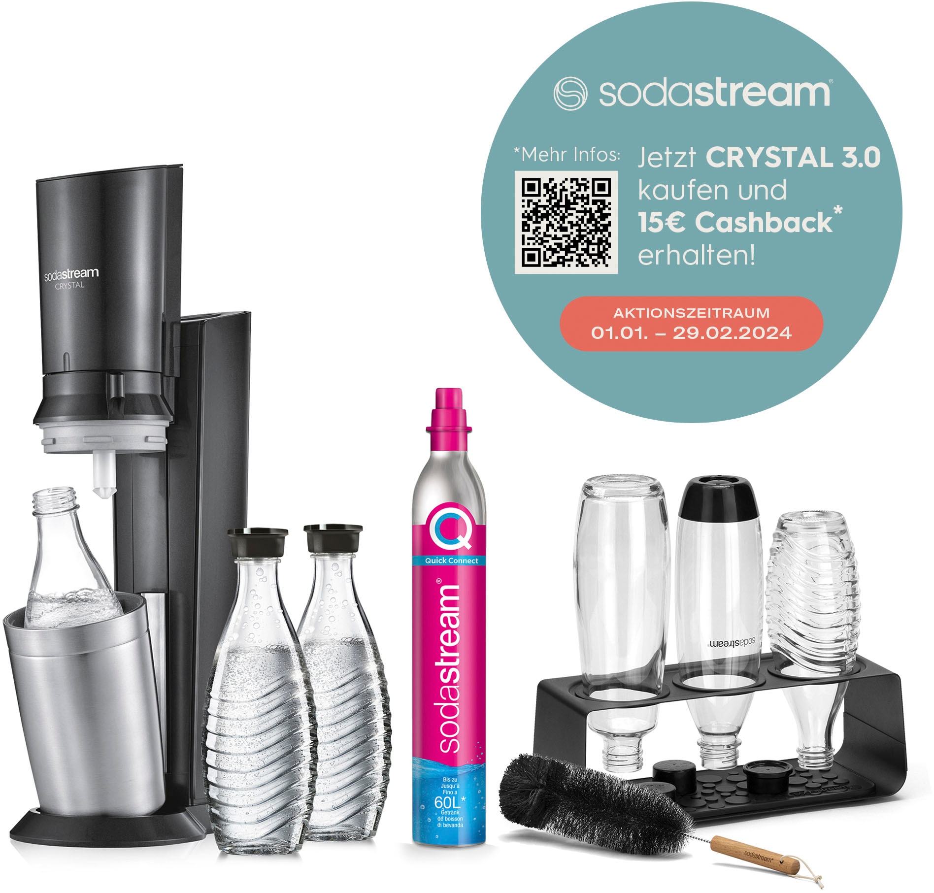 SodaStream Wassersprudler »»Crystal« Mega-Bundle«, (7 tlg.), Wassersprudler,  CO2-Zyl., Glaskaraffen, Abtropfhalter, Flaschenbürste auf Raten kaufen