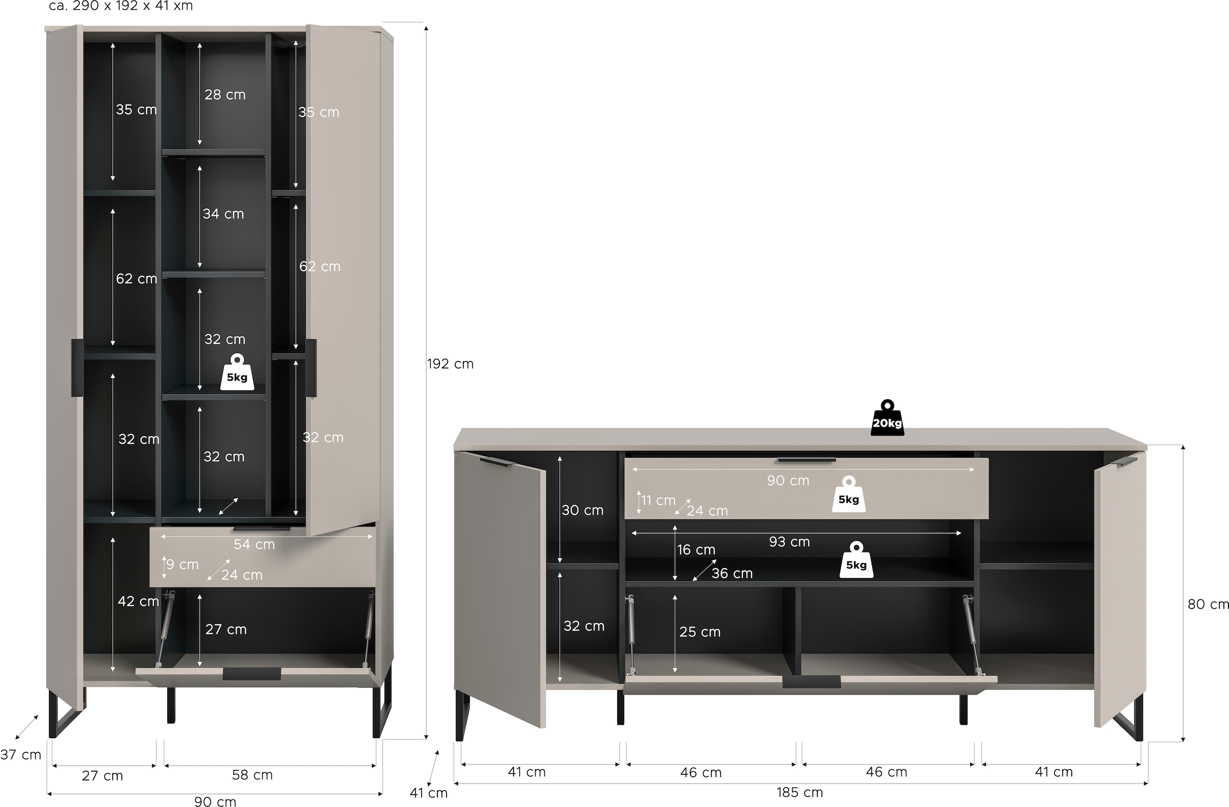 INOSIGN Wohnwand »Adio, Wohnkombination 290 cm Breit«, (Set, 2 St.), Adio, Wohnkombination 2tlg. Kashmir NB, Stauraumtype, Sideboard