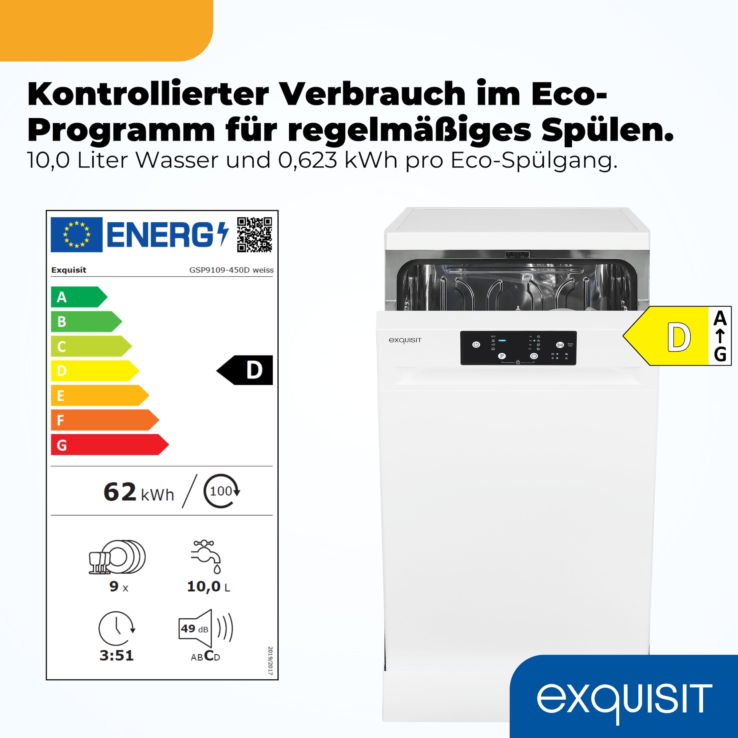 exquisit Standgeschirrspüler 9109 »GSP9109-451D weiss« 10 l 9 tlg. Maßgedecke 9 Maßgedecke, 4 Programme, LED, Besteckkorb