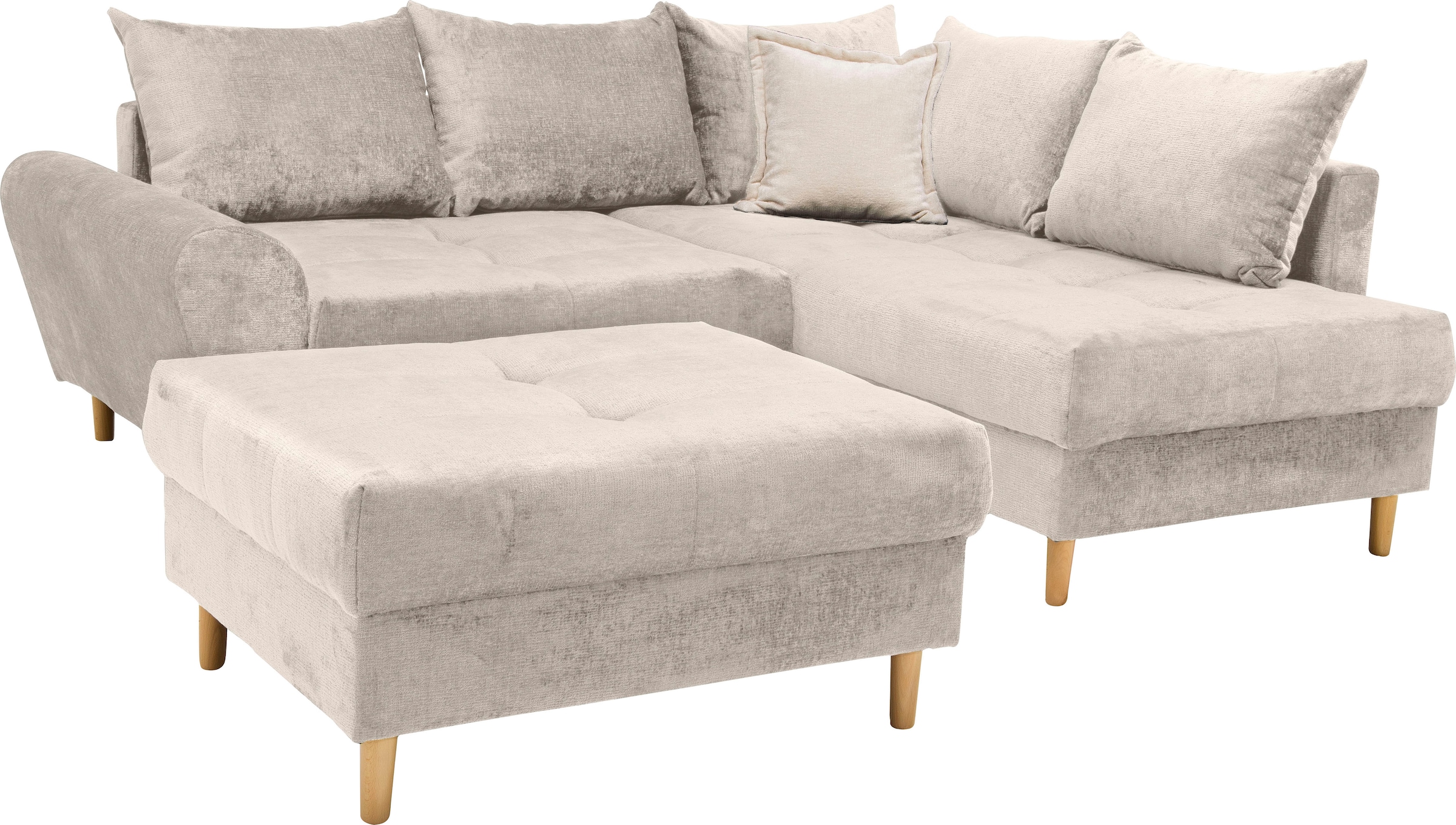 COLLECTION AB Ecksofa »Reims L-Form«, Ottomane beidseitig montierbar, inkl. Bettfunktion und Hocker