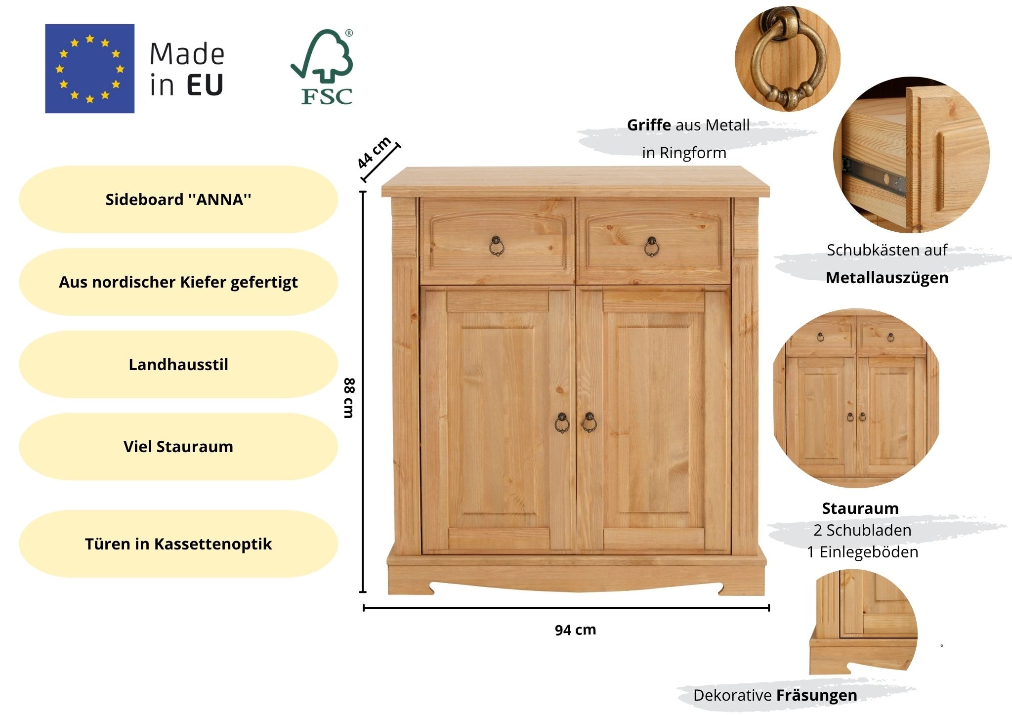 Home affaire Kommode »Anna, Sideboard, Anrichte, Stauraumschrank« B/T/H: 94/40/91 cm,  aus massiver Kiefer, Breite 94 cm, mit Kassettenoptik, FSC®