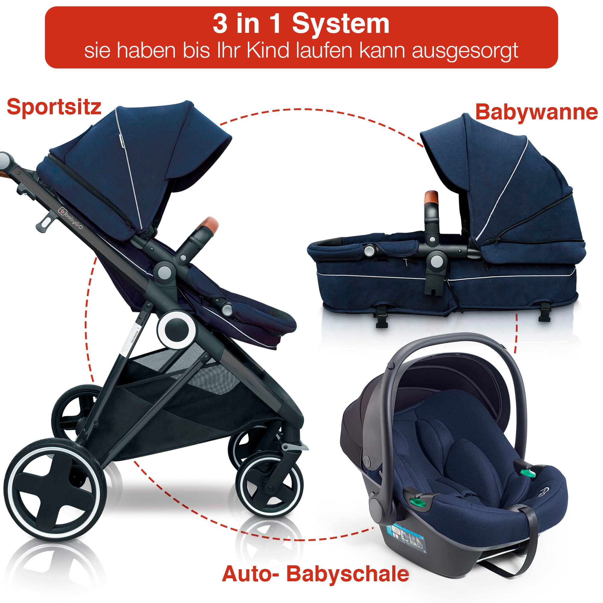 BabyGo Kombi-Kinderwagen »Halime 3in1«, inklusive Babywanne, Babyschale, Regenhaube & Wickeltasche