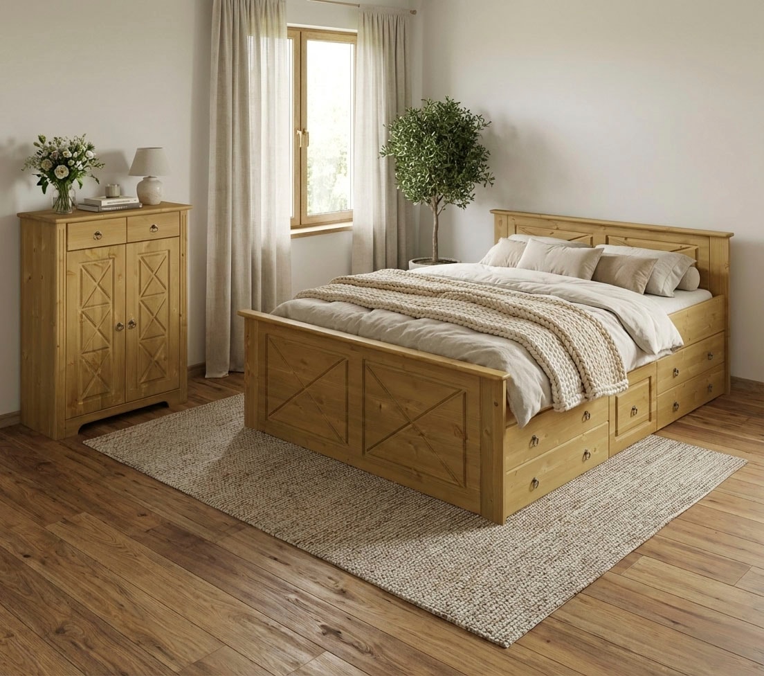 OTTO home Massivholzbett »Hugo, FSC® zertifiziertes Massivholz, optionaler Stauraum/ Bettkästen« B/T/H: 153/208/84 cm, Liegefläche  140x200,  aus massiver Kiefer, Landhaustil mit edlen Verzierungen, Made in EU