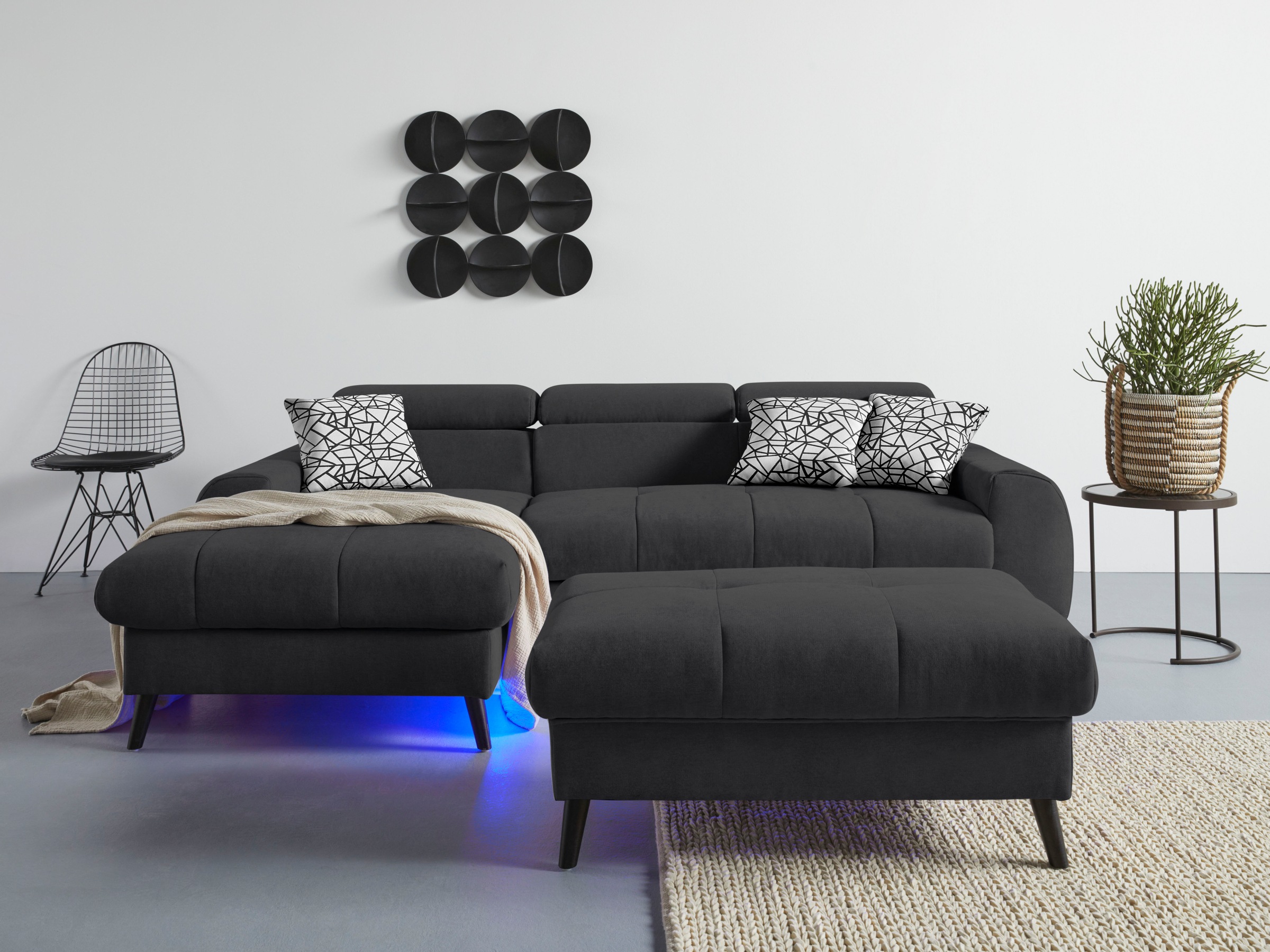 COTTA Ecksofa »Mia L-Form mit 3 Zierkissen«, wahlweise mit Bettfunktion, Bettkasten, Beleuchtung & Wireless-Charger