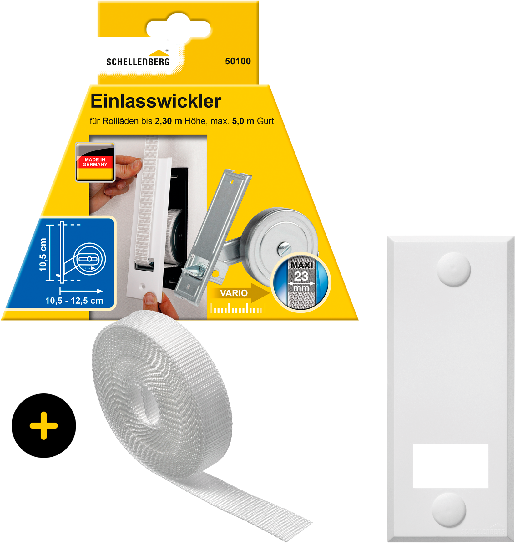 SCHELLENBERG Einlass-Gurtwickler »Unterputz, inkl. Abdeckplatte weiß und Rollladengurt in grau oder weiß«, 10,5 cm Lochabstand für das Rollladensystem Maxi