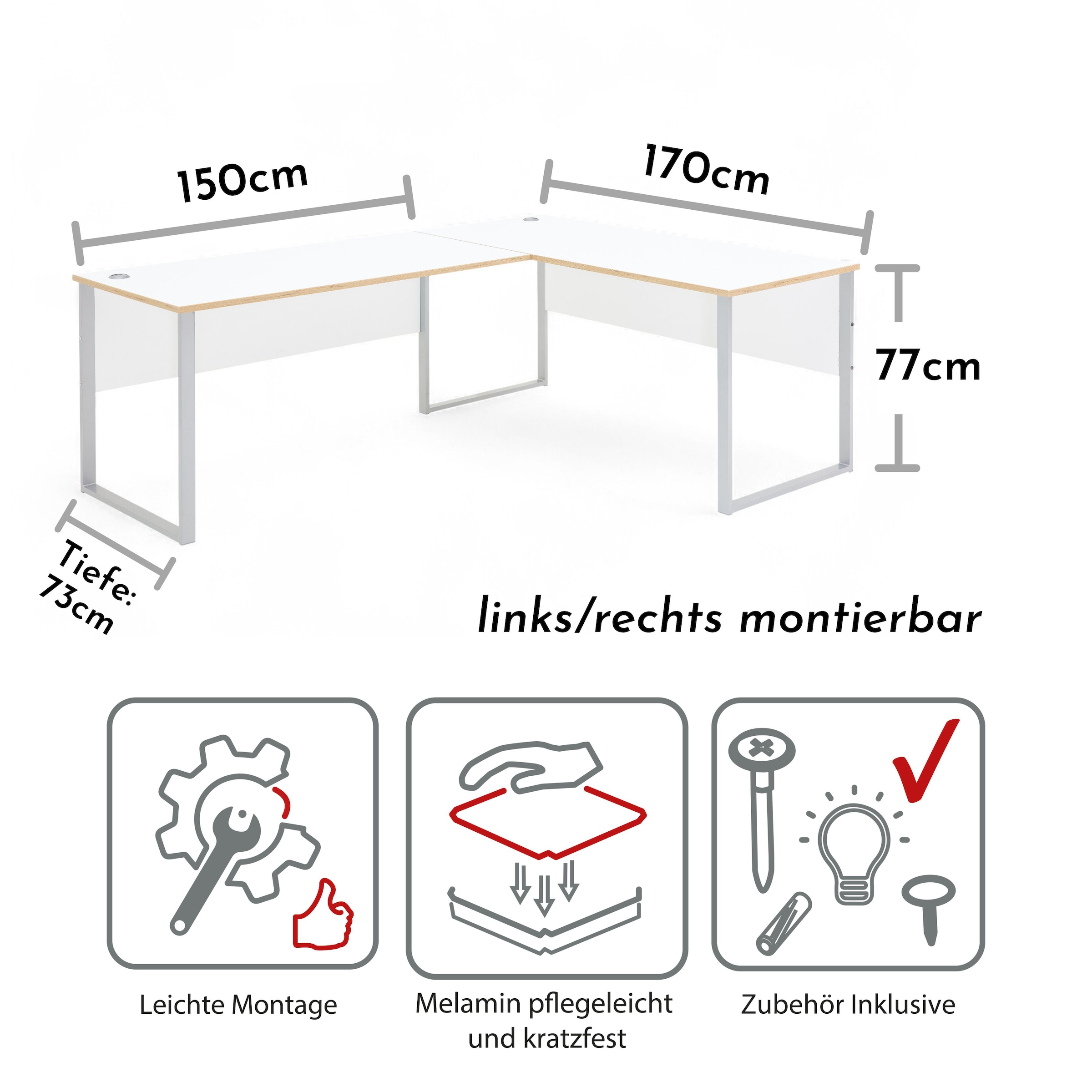 Innostyle Schreibtisch »Memphis Eckschreibtisch, 223x77x170cm (B/H/T)« 1 Stk. tlg. ABS-Kantenschutz, Soft Touch Oberfläche