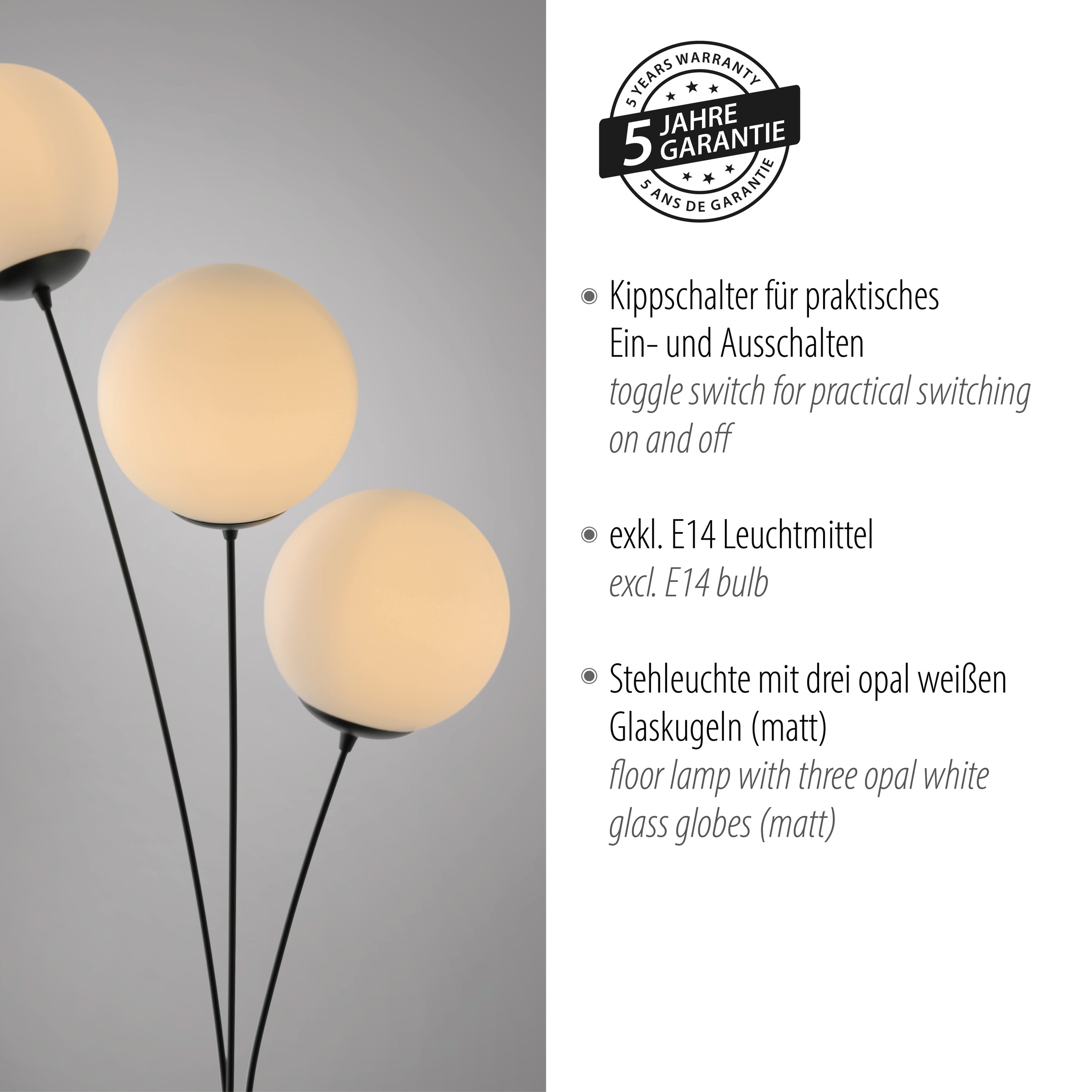 andas Stehlampe »Nymölla«, 3 flammig, Leuchtmittel E14 | ohne Leuchtmittel, Stehleuchte mit großen Glaskugeln amberfarben oder opal matt weiß