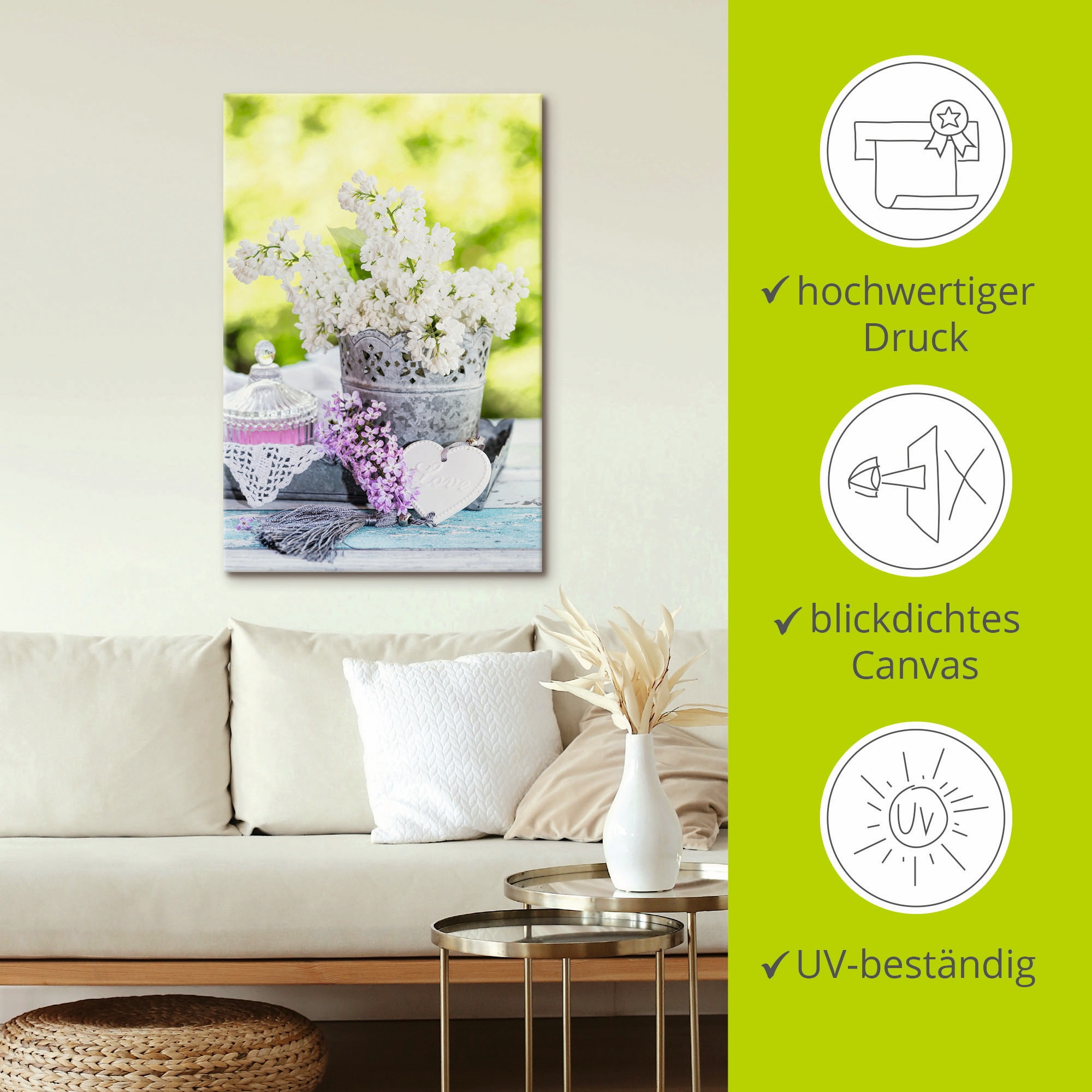 Artland Wandbild »Flieder und Shabby Chic Stillleben I«, Blumen, (1 St.), als Leinwandbild, Poster, Wandaufkleber in verschied. Größen