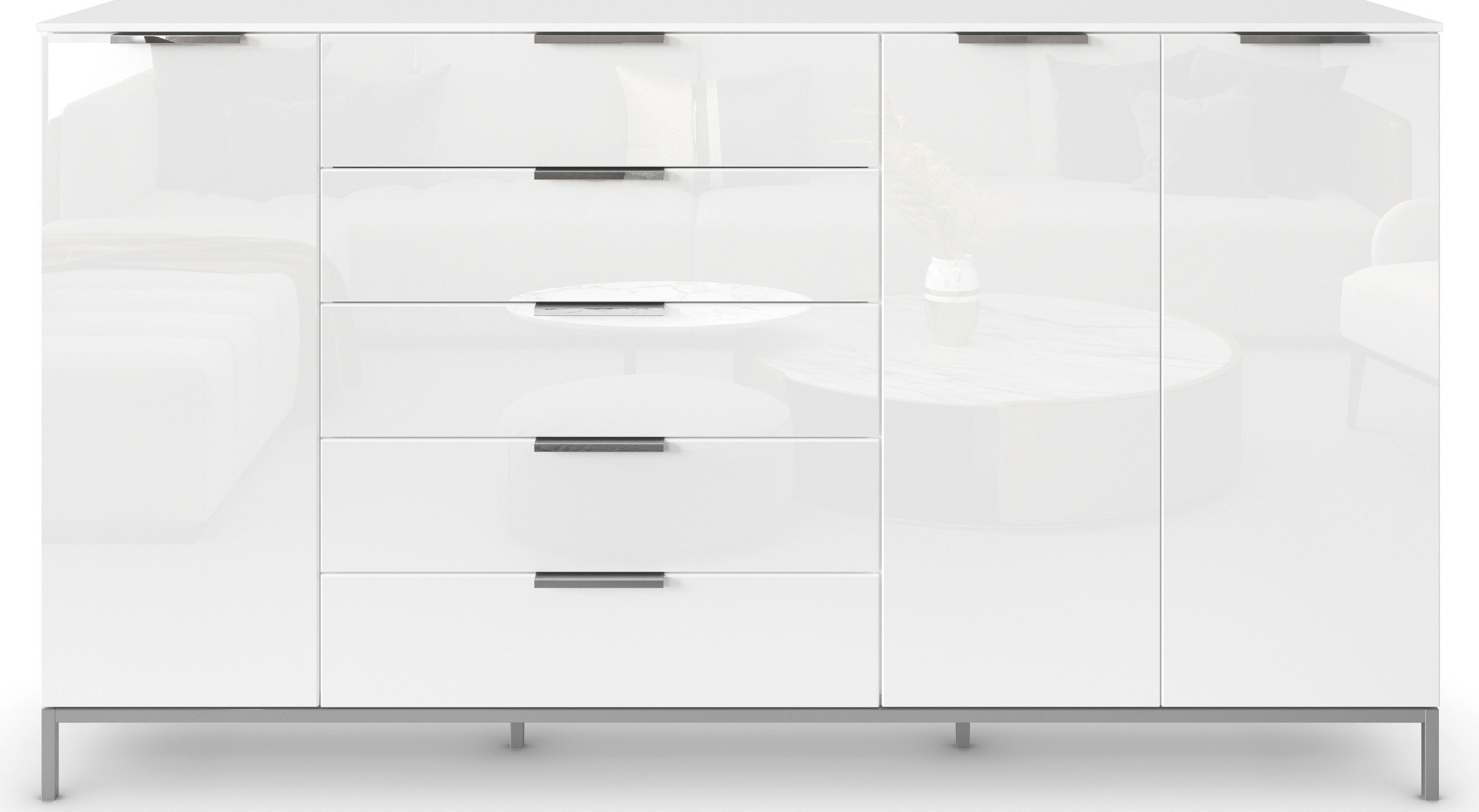 rauch Kombikommode »Kommode Türkommode Sideboard Kombikommode FLIPP mit Glasfront«, (Breite 200 cm mit 4 Einlegeböden), 3-türig mit 5 Schubladen und Soft-Close-Funktion sowie Glasfront