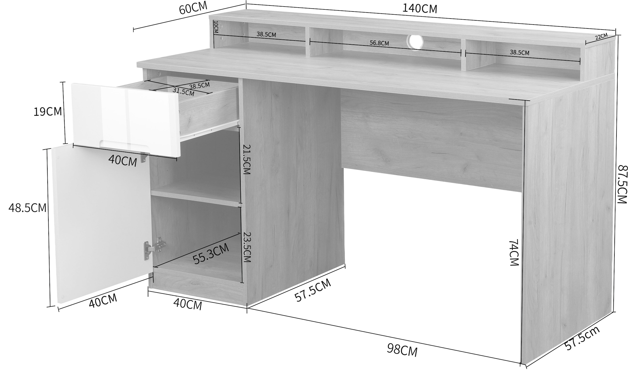 andas Schreibtisch »Lund«, (Computertisch mit Kabeldurchlass & Schublade), Monitoraufsatz, Hochglanzfronten, Breite 140 cm