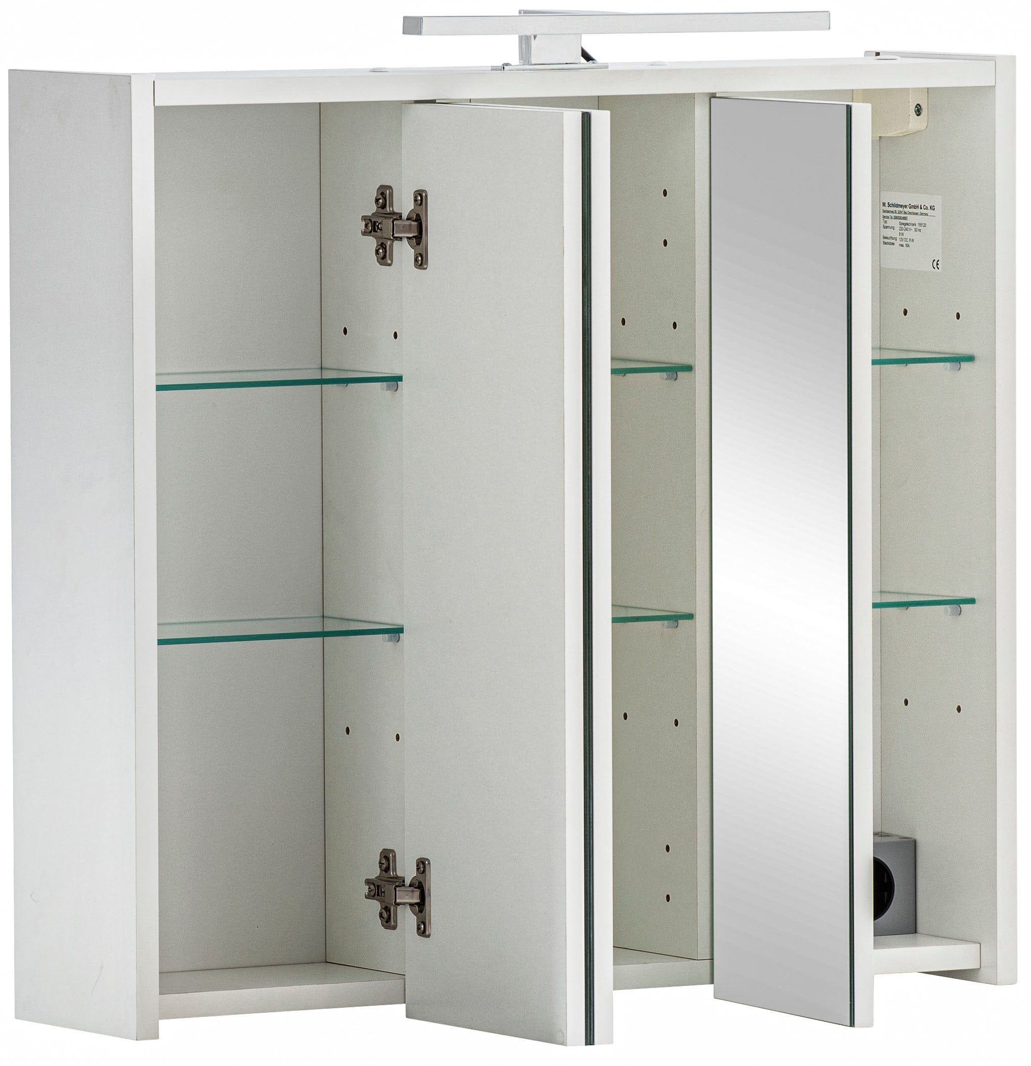 Schildmeyer Spiegelschrank »Palermo, Breite 65 cm«, Mit LED-Leuchte und Steckdose, Metallbeschläge, Glaseinlegeböden